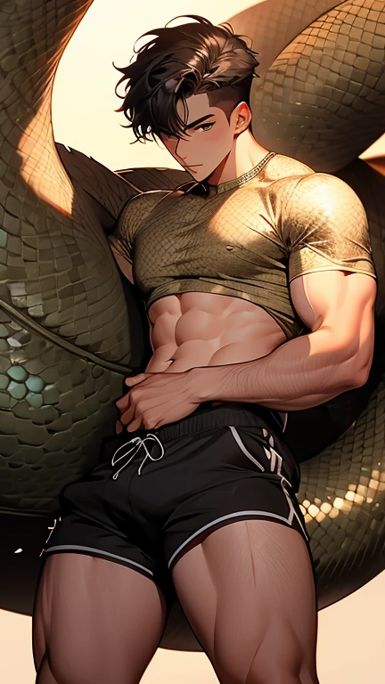 A young man In short Tight-fitting, beige shorts that show off your thighsin clothes torn to shreds fights off a brown anaconda coiled around him 