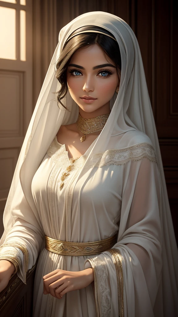 Imagine an exquisitely beautiful Arab woman posing in front of a camera for a selfie.. Her captivating blue eyes shine with mesmerizing intensity, attract you to the image. Son impeccable, Olive-colored skin shines in realistic lighting, adding to its appeal. Sa longue, Black hair cascades down his shoulders, framing his face elegantly. Dans le selfie, She tilts her head slightly to one side with confidence, giving the impression of a subtle flirtation. Son plein, soft lips are slightly spread apart, Giving off an air of mystery and sensuality. Despite not wearing a hijab, His expression and pose exude grace and elegance. The camera captures every intricate detail, from the delicate arch of her eyebrows to the fine lines that form when she smiles gracefully. Volumetric lighting casts soft shadows on his face, Improve image depth and realism. The grain of the film adds a touch of authenticity, Donner au selfie un nostalgique, Ambiance vintage. For an ideal portrait look, The camera used for the selfie is a 50mm lens with an aperture of f2.8. This choice creates a classic portrait aesthetic with shallow depth of field., beautifully blur the background and focus only on its captivating features. The overall result is a, Incredibly detailed artwork that showcases the beauty and elegance of this Arab woman. The image captures a perfect moment frozen in time, revealing not only its physical beauty, but also the depth and complexity of his personality. Texture naturelle de la peau, 24 mm, Textures 4k, soft cinematic light, Photo brute, photorealism, photoreallistic, complexe, elegant, highly detailed, mise au point nette, ((((((cinematic look)))), tons doux, insane detail, Intricate details, hyperdetailed, Faible contraste, soft cinematic light, couleurs so
