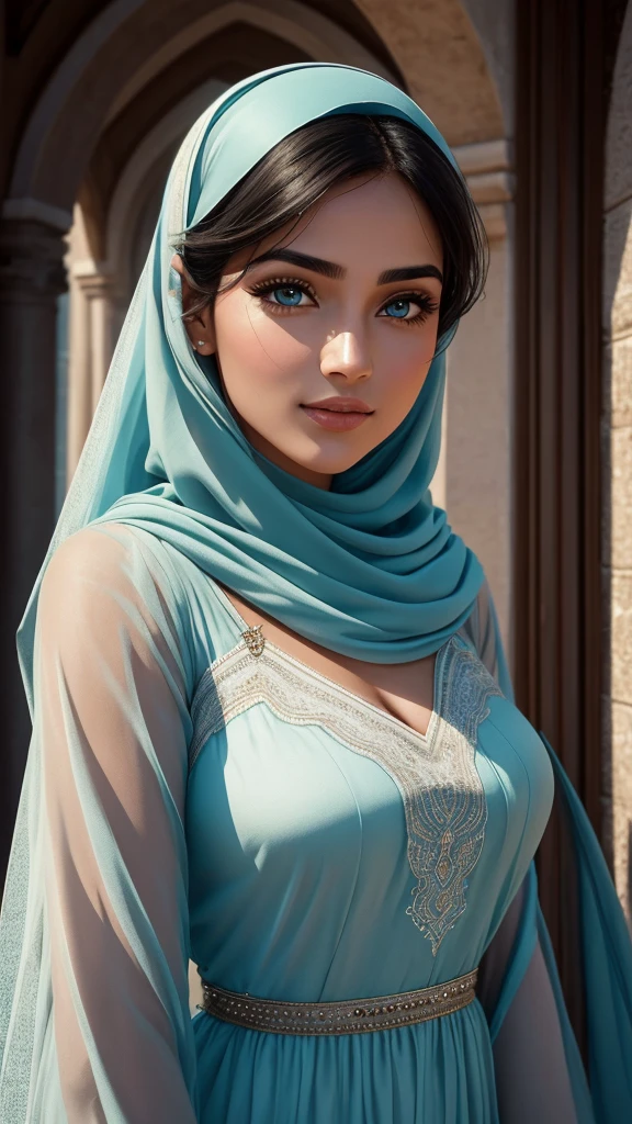 Imagine an exquisitely beautiful Arab woman posing in front of a camera for a selfie.. Her captivating blue eyes shine with mesmerizing intensity, attract you to the image. Son impeccable, Olive-colored skin shines in realistic lighting, adding to its appeal. Sa longue, Black hair cascades down his shoulders, framing his face elegantly. Dans le selfie, She tilts her head slightly to one side with confidence, giving the impression of a subtle flirtation. Son plein, soft lips are slightly spread apart, Giving off an air of mystery and sensuality. Despite not wearing a hijab, His expression and pose exude grace and elegance. The camera captures every intricate detail, from the delicate arch of her eyebrows to the fine lines that form when she smiles gracefully. Volumetric lighting casts soft shadows on his face, Improve image depth and realism. The grain of the film adds a touch of authenticity, Donner au selfie un nostalgique, Ambiance vintage. For an ideal portrait look, The camera used for the selfie is a 50mm lens with an aperture of f2.8. This choice creates a classic portrait aesthetic with shallow depth of field., beautifully blur the background and focus only on its captivating features. The overall result is a, Incredibly detailed artwork that showcases the beauty and elegance of this Arab woman. The image captures a perfect moment frozen in time, revealing not only its physical beauty, but also the depth and complexity of his personality. Texture naturelle de la peau, 24 mm, Textures 4k, soft cinematic light, Photo brute, photorealism, photoreallistic, complexe, elegant, highly detailed, mise au point nette, ((((((cinematic look)))), tons doux, insane detail, Intricate details, hyperdetailed, Faible contraste, soft cinematic light, couleurs so