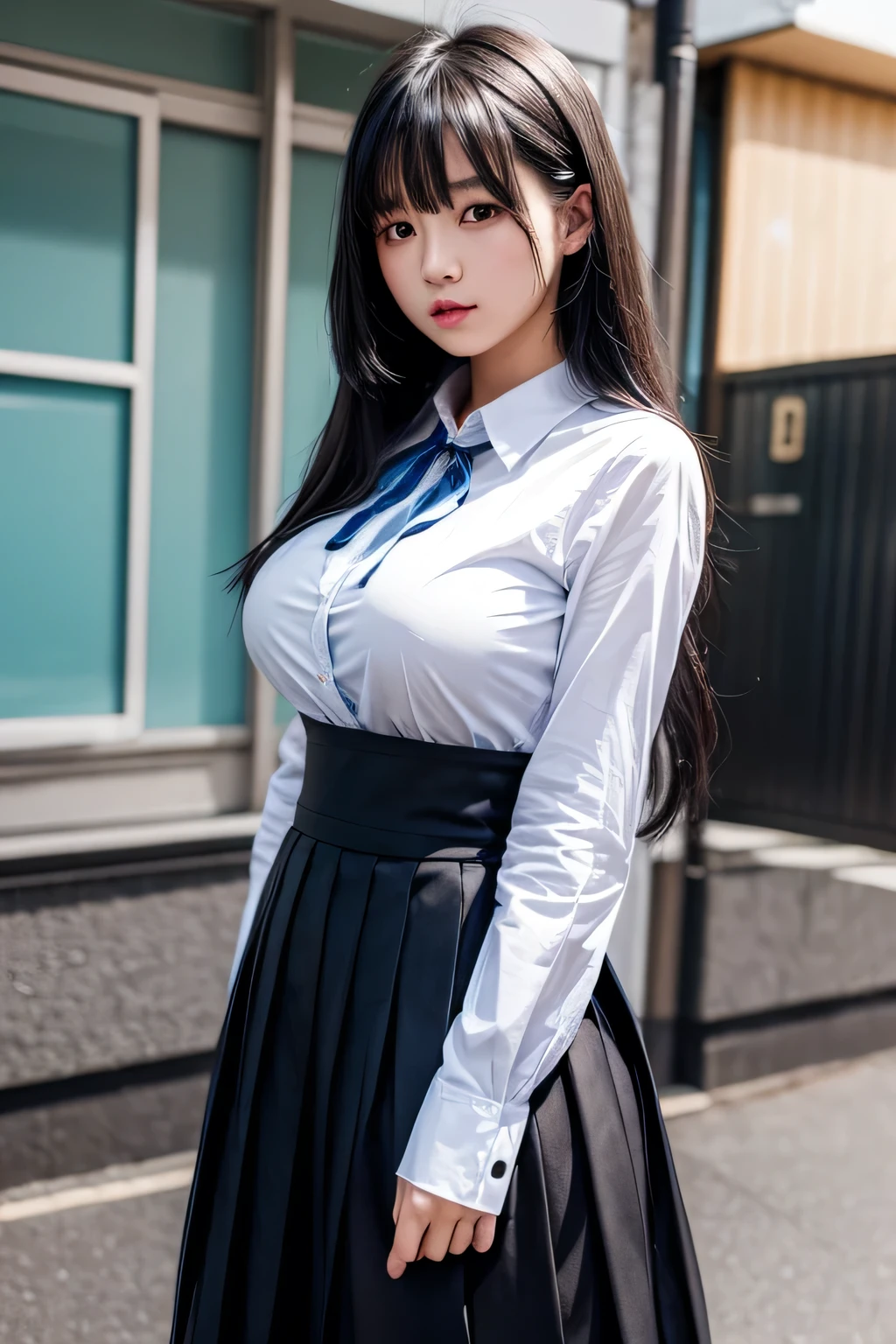 girl、Stylish、fashion、dress、Pleated skirt、Long Black Hair、Big Breasts、high school girl、ribbon、BLUE、Very large breasts