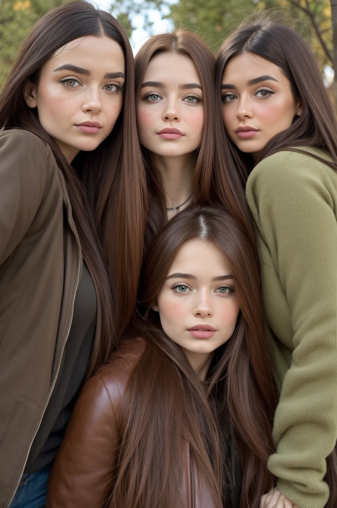Professional photograph, best quality, 8K, hyper detailed, half body, A close up portrait of four gorgeous, beautiful, wonderful women, argentinian, russian croatian and serbian females together posing for the camera. All girls have super long hair, serbian and argentinian girl has dark brown hair, croatian girl has light brown hair, and russian girl has red-brown hair. They are wearing winter outfits, all girl are wearing leather jackets. They are wonderful, dream, ethereal, timeless, majestic beauties from Argentina, Croatia, Russia and Serbia. One hispanic and three slavic females who are dream beauties who comes to the hearts. They're glad, smiling and enjoying a day at park in fall afternoon. True friendship, they pose happy for the camera.