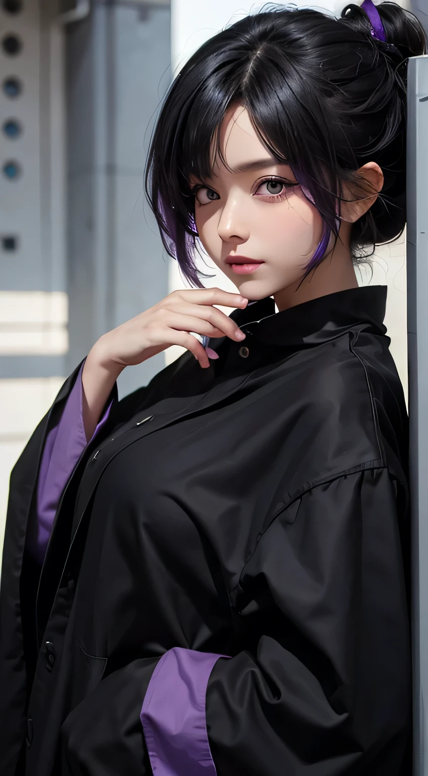 A strong girl, her hair is black and purple, she is very cute, her eyes are covered with a black cloth because she is blind