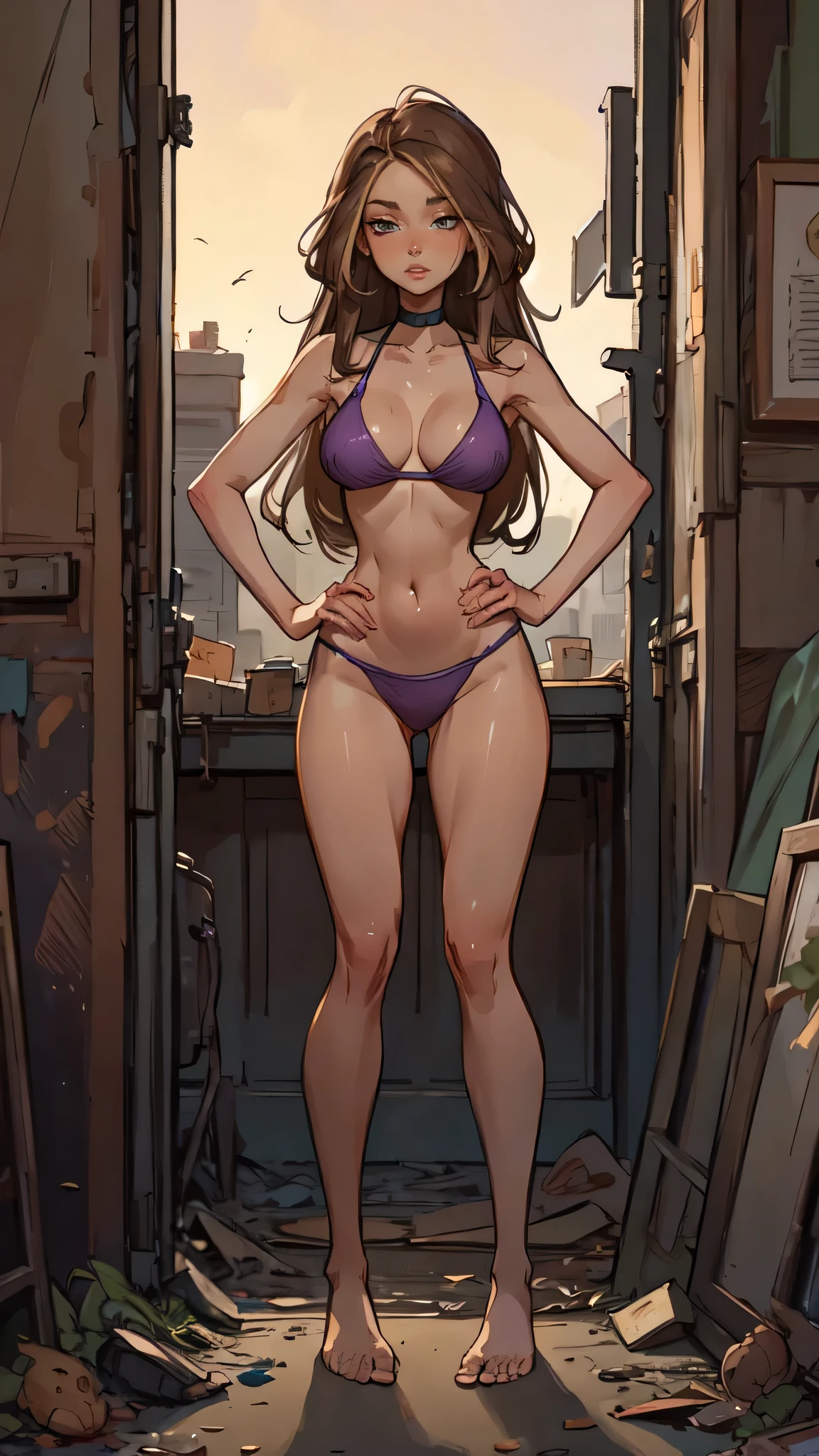 Masterpiece, best quality, Masterpiece, best quality, 1 woman, brown hair , sly face , purple bikini , big breasts , abdomen , Long legs , Put your hands on your hips.. , Barefoot , full body , abandoned factory , at night