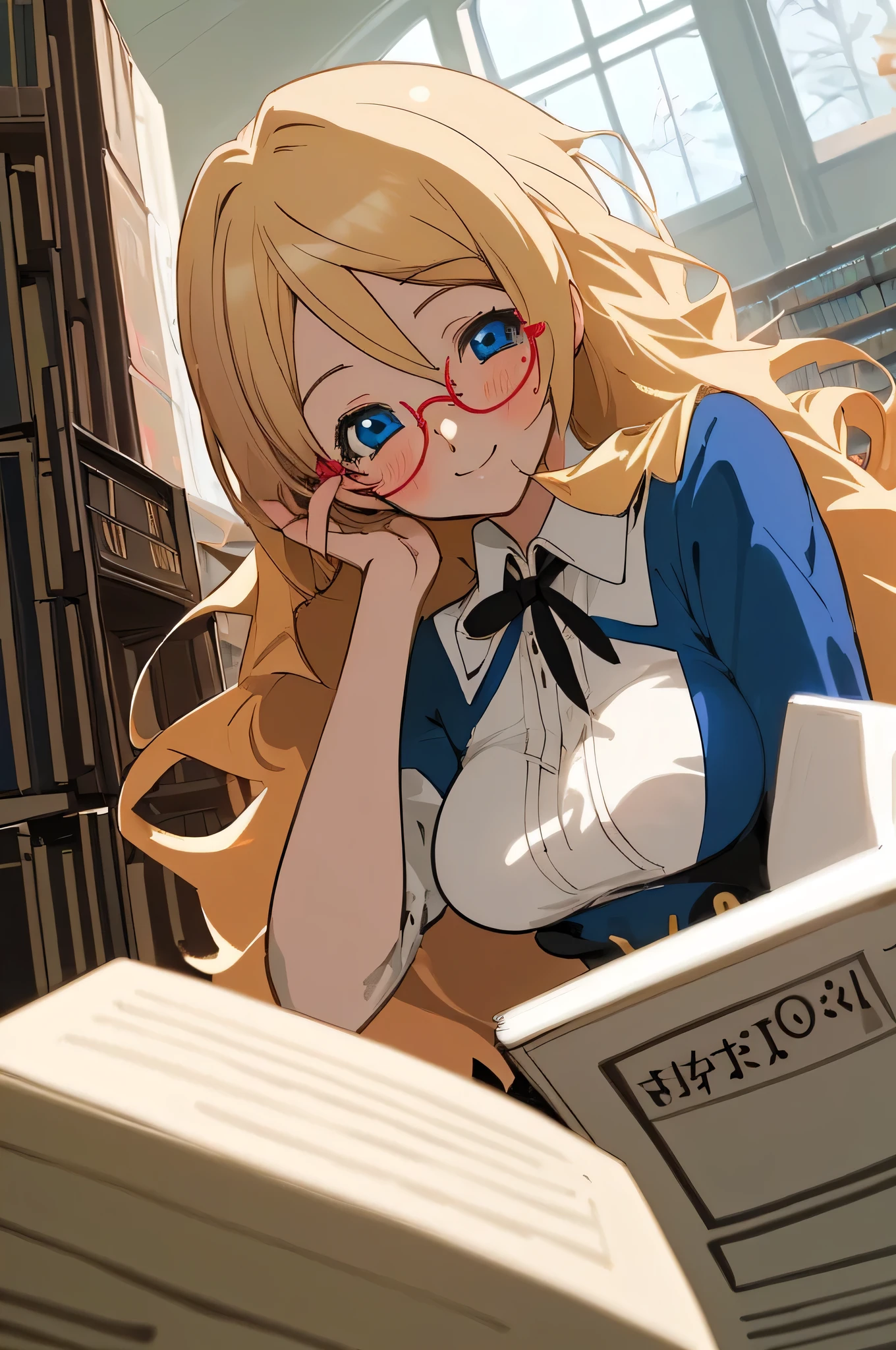 One girl, Anime illustration, detailed, beautiful, Anime Art, Anime Art, library、Librarian attire、Medium breast、Long Hair, Blonde Hair, Bright Blue Eyes, , smile, A slight blush, Glasses, Open Hair, ,Ultra HD