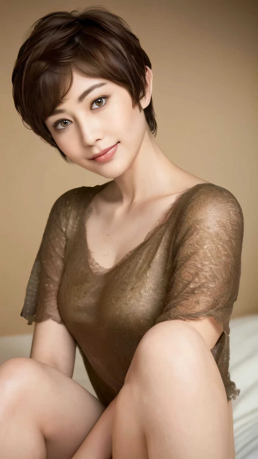 ((highest quality, 8k, masterpiece: 1.3)), 1 female, Japanese Mature,Sensual beauty: 1.3, (Hairstyle Brown Hair Pixie Cut: 1.2), Nightwear: 1.1, Super slender face, Delicate eyes, double eyelid, Dimples,Mole, Home,relax,smile,Plump body,very thick legs,