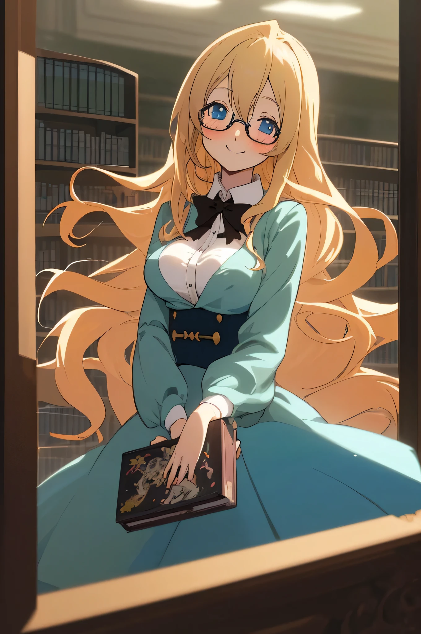 One girl, Anime illustration, detailed, beautiful, Anime Art, Anime Art, library、Librarian attire、Medium breast、Long Hair, Blonde Hair, Bright Blue Eyes, , smile, A slight blush, Glasses, Open Hair, ,Ultra HD