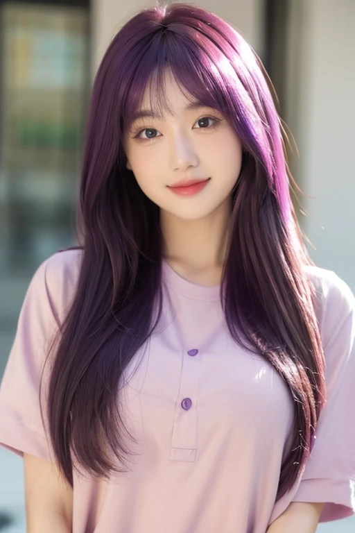 Superb Quality, Masterpiece, High Resolution, 1Girl, Blush, (Seductive Smile: 0.8), , (High Detail Skin: 1.2), 8K UHD, SLR, Soft Light, High Quality, Volume Lighting, C High Resolution, 4K, 8K, Real Person, cute, purple hair, long hair with side bangs, thin office shirt, no buttons, upper body