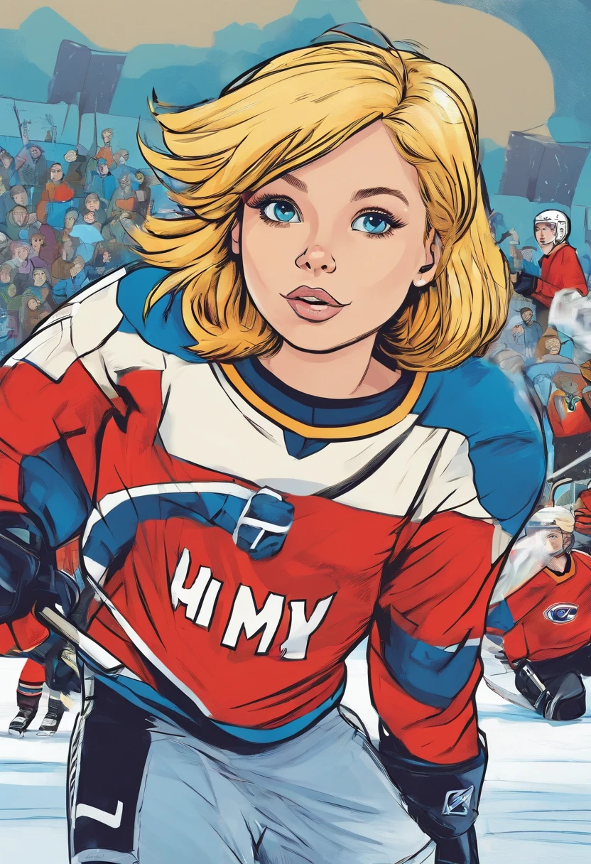 Kids girl , blond short hair, ICE hockey, blue eyes