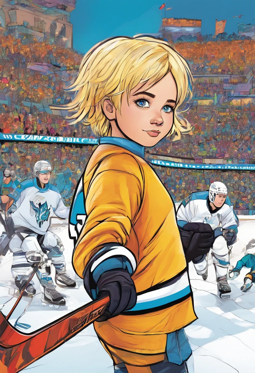 Kids girl , blond short hair, ICE hockey, blue eyes