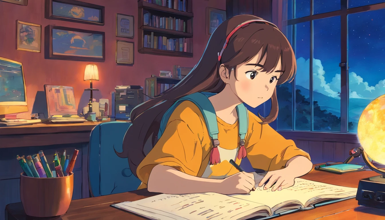 (praise), A girl studying at a desk in a room, Reading a book, Wearing Glass, Wearing headphones, 1970 Interior Materials, Night Light, It&#39;s raining outside,Analog Color Theme, Lo-fi Hip Hop , Retro, flat, 2D , Simple picture, Simplify the line drawing, Ink drawing, Big incline, watercolor, Gouache Color, Studio Ghibli style, Great colorful, Out turn, Synthwave, Lofi Art,90s Style,Old Texture, amplitude,90s vibe,