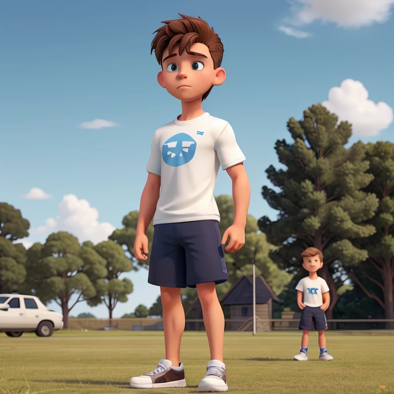 Creegan is a fit and muscular ager with short, brown hair featuring blonde highlights styled upward. He is wearing a white t-shirt and dark blue shorts, along with clean white Air Force sneakers. He stands confidently on a grassy field with goalposts in the background. His hands are relaxed in front of him, and his expression shows determination.