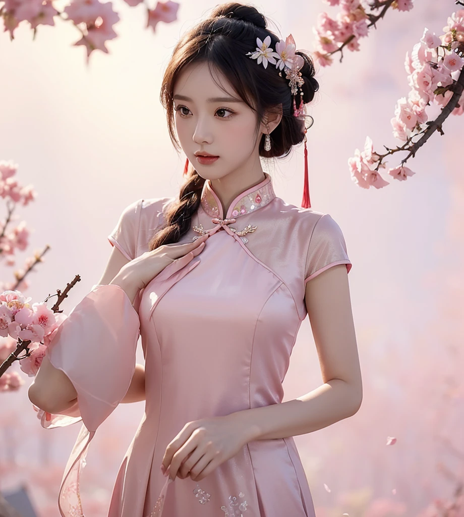 (masterpiece), best quality, high resolution, Extremely detailed, A beautiful pink dress in Chinese style, Chinese elegant dress, Fine details, Cheongsam is beautiful and elegant, Colorful, Clothes floating, Many details, Pink petals, Sunlight on the skin, brilliant, Hairpin.