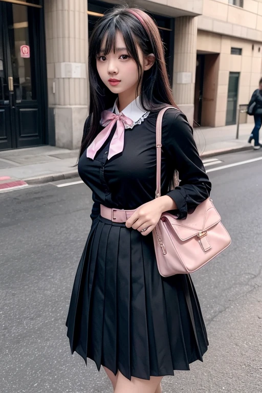 girl、Stylish、fashion、dress、Pleated skirt、Long Black Hair、Big Breasts、high school girl、ribbon、pink、Very large breasthameful look