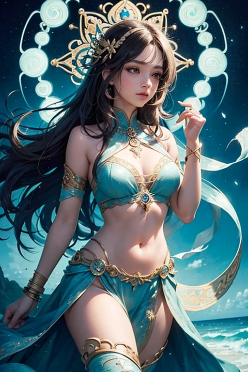 (Masterpiece, top quality, best quality, official art, beautiful and aesthetic:1.2)
(1girl), extremely detailed, vibrant colors, highest detailed, official art, unity 8k wallpaper, ultra-detailed, beautiful and aesthetic, serene, masterpiece, best quality,
(zen-inspired, mandala, tangle, entangle), glowing aura, ethereal, pastel tones, gentle smile, long, wavy hair with highlights, expressive eyes reflecting wisdom, superior levels of detail, photorealistic, captivating composition, perfectly balanced proportions, capturing the essence of tranquility.