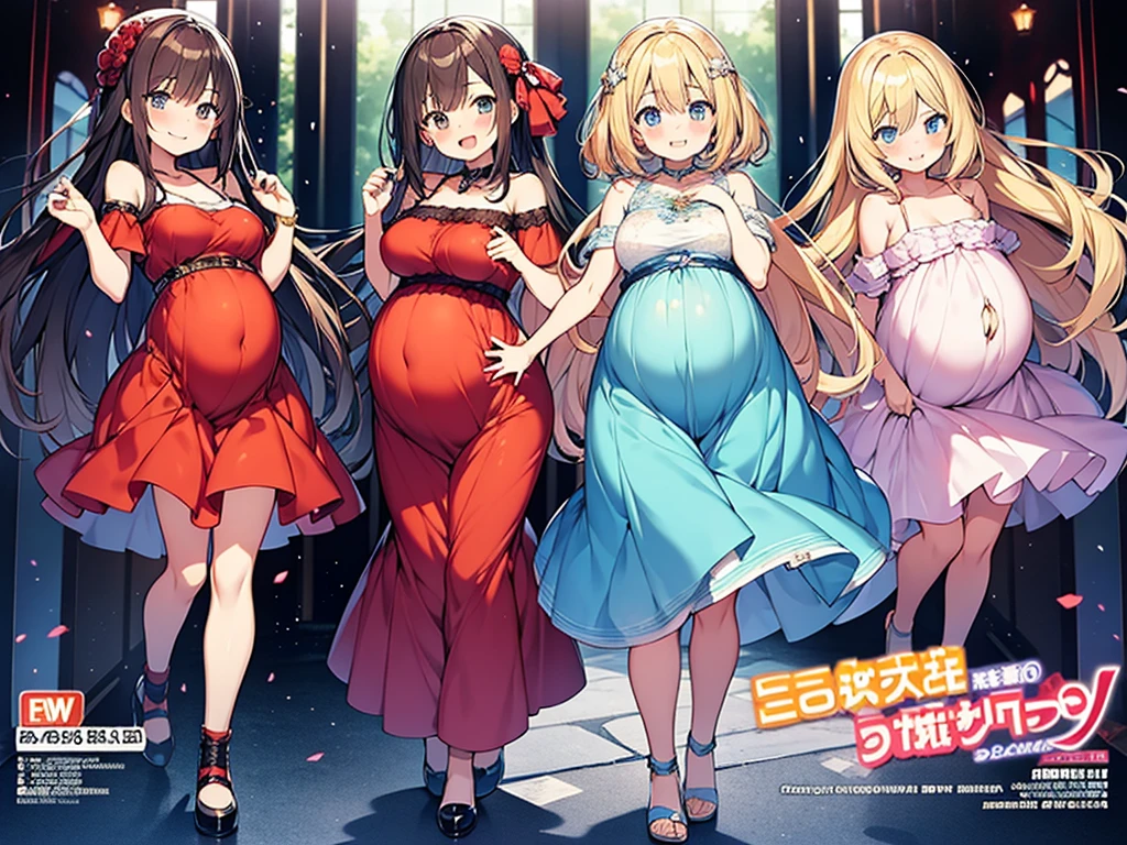 new Harem anime main visual style,pregnant girls wearing dress,happy,3 Pregnant girls,Poster Image