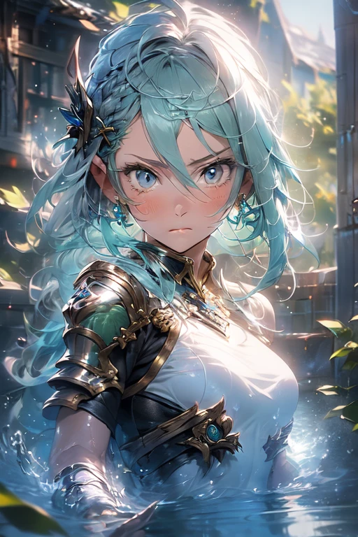 ((best quality)), ((masterpiece)), (detailed), perfect face, sea dragoness, young girl, light green hair, maroon cloak, water dagger, fierce, playfully dancing on top of the water, best work, beautiful face, warrior girl, happy