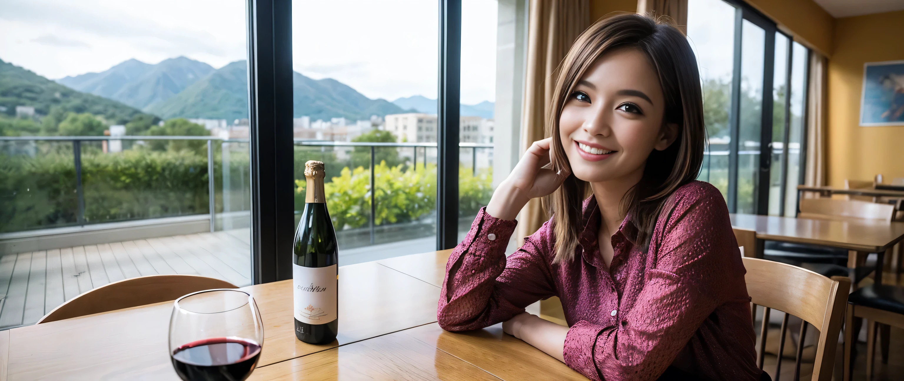 ((highest quality、8k、masterpiece:1.3))、1 male 1 female、Couple、lover、Couple、Slim body、((Bob Hale、Straight hair:1.2))、(Realistic, Intricate details:1.2), Wine glass on the table、Put the light on your face、 Amazing view of the sunset sky and clouds、Amazing mountain views、A bright smile、A lovely woman with a smile、Bright image、2. The beauty of wine, Beautiful Face, blue eyes, The light shines on your face, Blushing, short hair,Bright Face、Fox face、 (40 years old), 39 years old, Lady、red wine 、Appetizers、Italian food、Wine bottle、Champagne、sparkling wine、Two beauties、Brown Hair、Shortcuts、Long sleeve shirt、dress、Pretty Woman 1, (Slim face), (The body is slim), (Brown Hair), (Shortcuts), cheeks turn a little red,Attractive beauty、, Out of the window, A beautiful and detailed night view unfolds.........., restaurant, In a prominent place (From the waist up) Nova Frog Style, actress, model, Upper Body, White wine, slim, wine glass, A wine glass placed in the middle, smile, (smile: 1.15), Beautiful fine grain, Depth f/2,saturation, High Contrast, Strong light and shadow,Moist Body:1.5、3D texture、Delicate eyes、Brown Hair、The hair is very shiny、