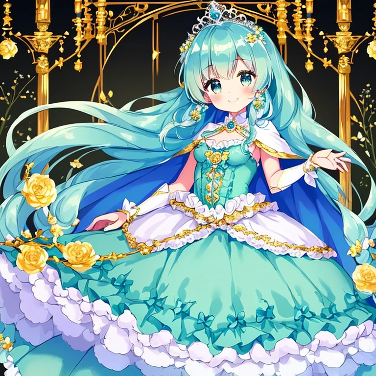 (kawaii),(best quality),(ultra detailed), upper body,(rococo style),(long train mint blue cape:1.05), very long cape,(long train mint blue ball gown with flower decorations:1.05), a girl is wearing a cape over her gown, 1 princess, tiara, smile, small breasts, very long hair