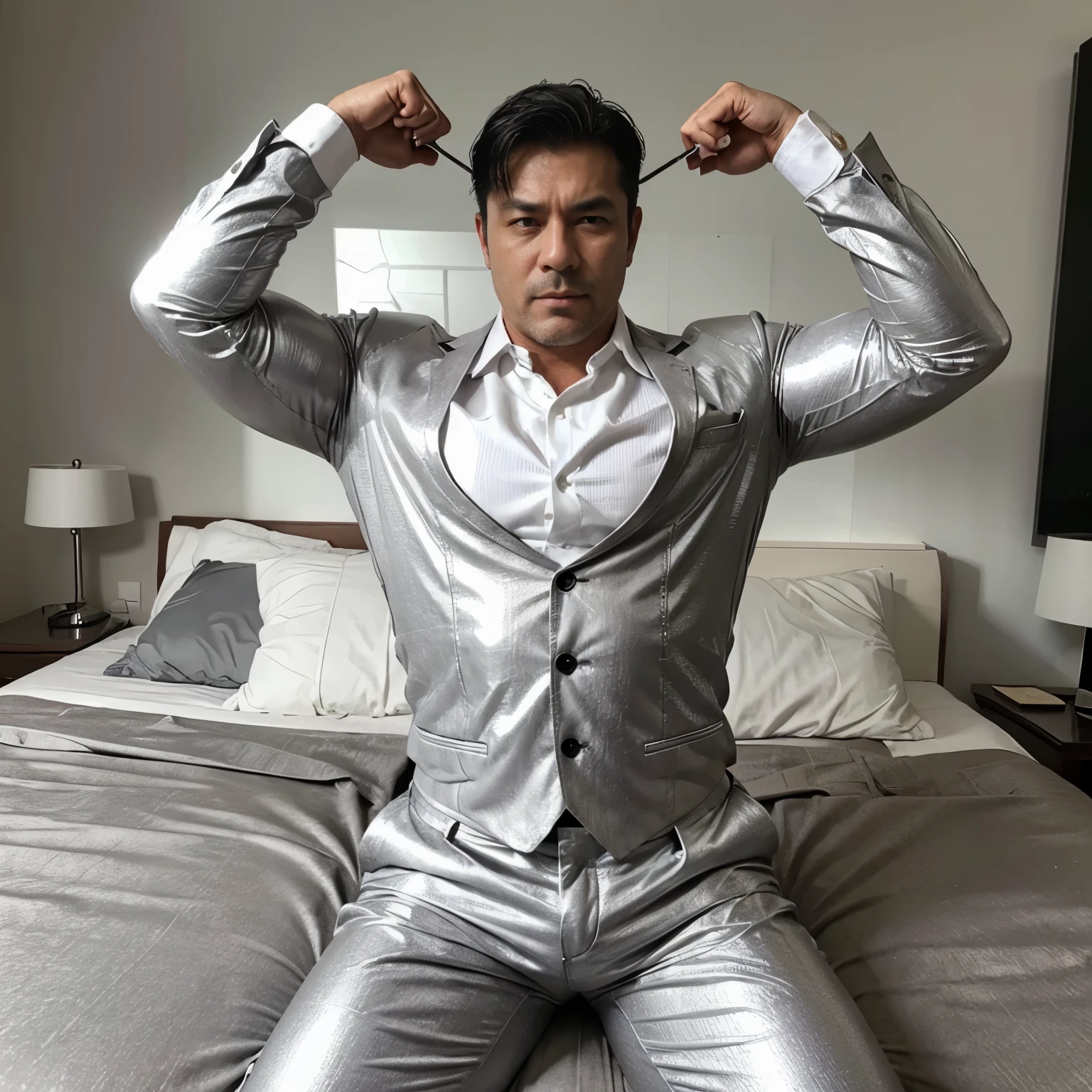 30 years old,daddy,"shiny grey suit ", wear white shirt,  very shiny grey pants, very shiny grey waistcoat, Dad was drunk and lie down on the bed,k hd,in the office,"big muscle", gay ,black hair,asia face,masculine,strong man,the boss is,handsome,,leather gloves,lecherous dad,look straight ahead,dad is handsome,dad is handsome ,dad is "horny dad"