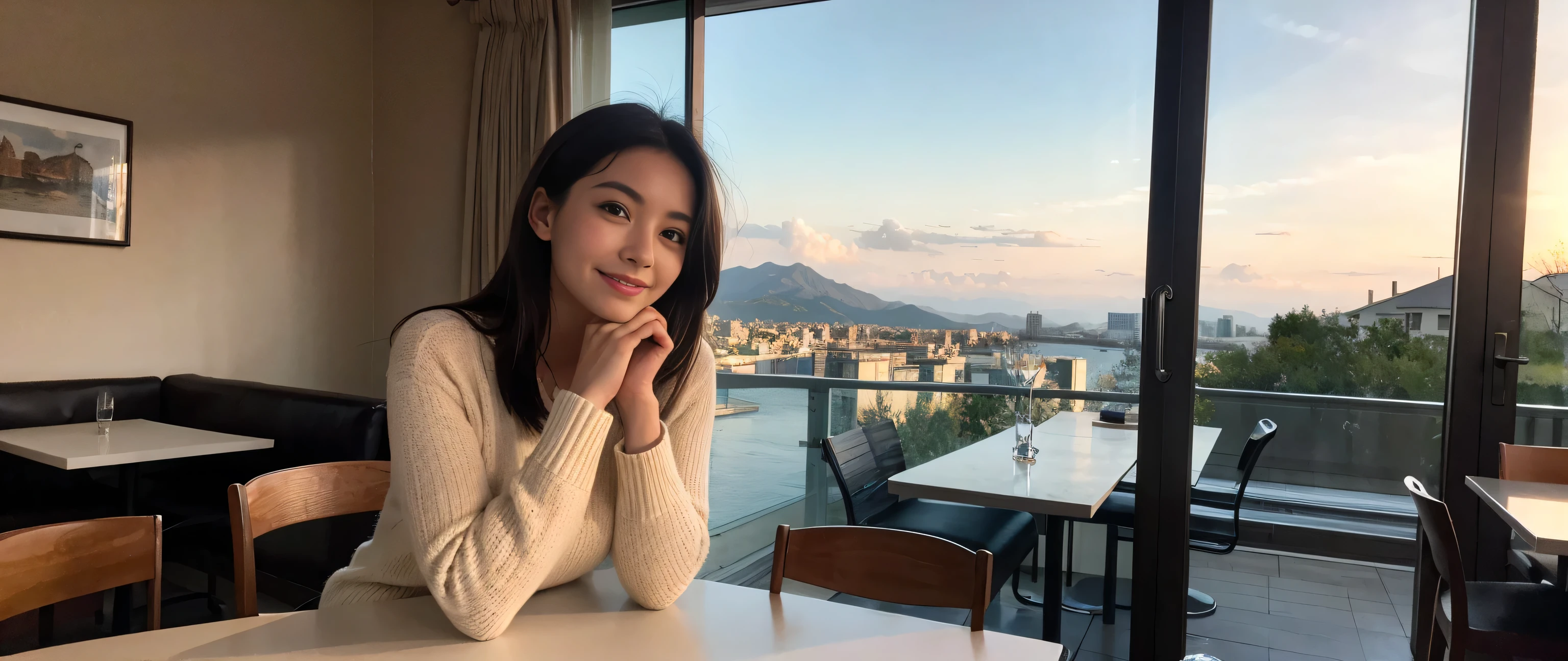((highest quality、8k、masterpiece:1.3))、1 male 1 female、Couple、lover、Couple、Slim body、((Bob Hale、Straight hair:1.2))、(Realistic, Intricate details:1.2), Wine glass on the table、Put the light on your face、 Amazing view of the sunset sky and clouds、Amazing mountain views、A bright smile、A lovely woman with a smile、Bright image、2. The beauty of wine, Beautiful Face, blue eyes, The light shines on your face, Blushing, short hair,Bright Face、Fox face、 (40 years old), 39 years old, Lady、red wine 、Appetizers、Italian food、Wine bottle、Champagne、sparkling wine、Two beauties、Brown Hair、Shortcuts、Long sleeve shirt、dress、Pretty Woman 1, (Slim face), (The body is slim), (Brown Hair), (Shortcuts), cheeks turn a little red,Attractive beauty、, Out of the window, A beautiful and detailed night view unfolds.........., restaurant, In a prominent place (From the waist up) Nova Frog Style, actress, model, Upper Body, White wine, slim, wine glass, A wine glass placed in the middle, smile, (smile: 1.15), Beautiful fine grain, Depth f/2,saturation, High Contrast, Strong light and shadow,Moist Body:1.5、3D texture、Delicate eyes、Brown Hair、The hair is very shiny、
