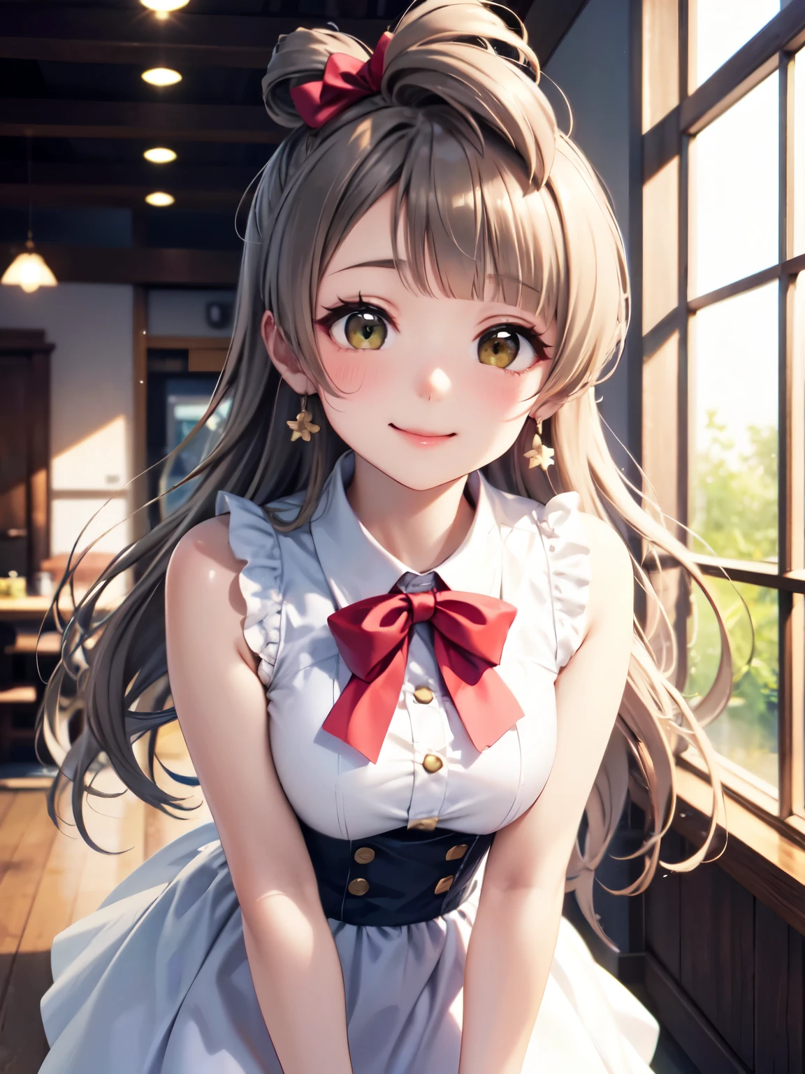 Kotori Minami、High resolution, highest quality, super high quality,3D Images、Kotori Minami、Absolute reference to the center、Cute no matter who looks at it、Skirt lift ,Very long hair, Straight hair、Absolute reference to center、whole body, alone,Cinematic lighting、smile、blush、Beautifully styled hair,Cowboy Shot、Leaning forward