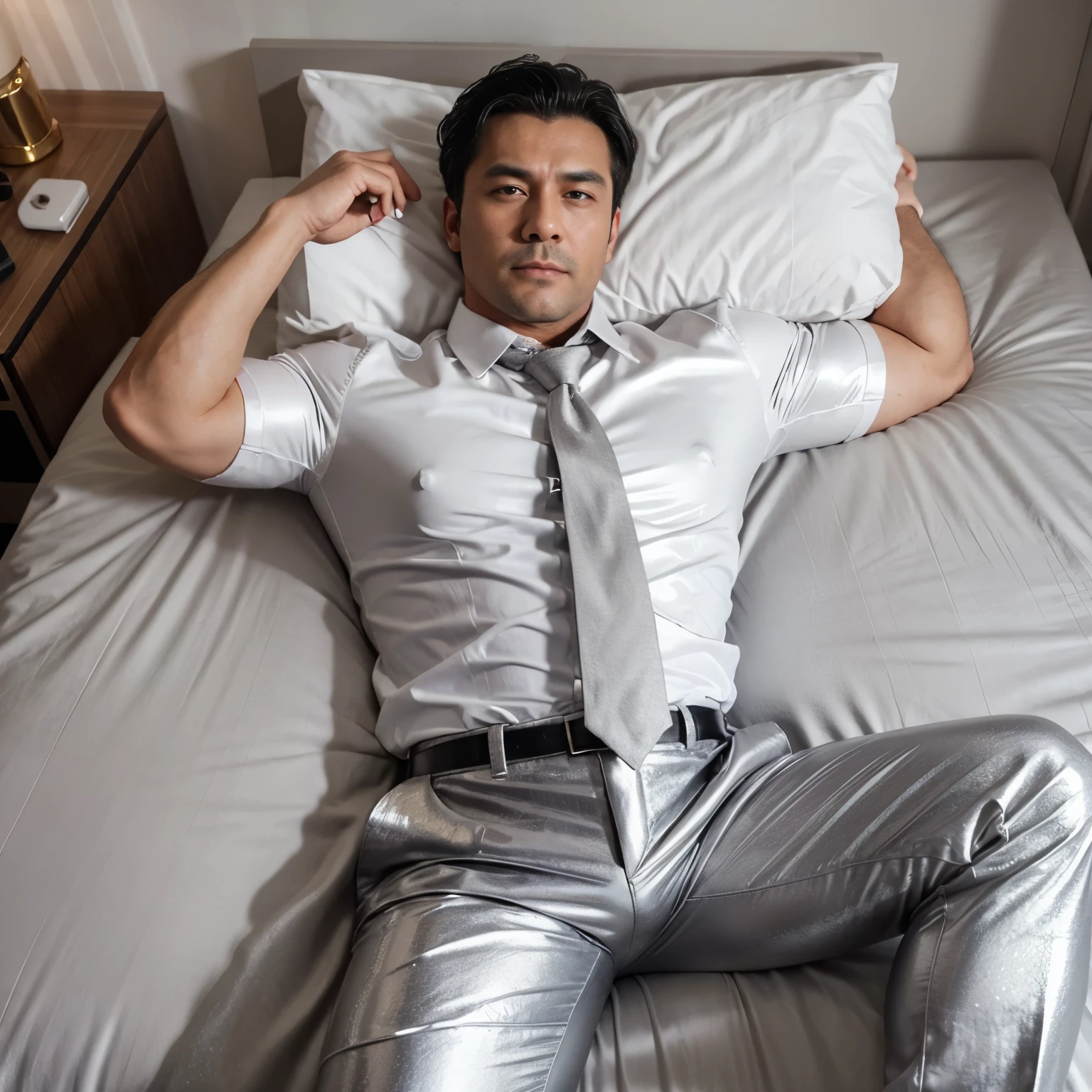 30 years old,daddy,"shiny grey suit ", wear white shirt, very shiny grey pants, very shiny grey waistcoat, Dad was drunk and lie down on the bed,k hd,in the office,"big muscle", gay ,black hair,asia face,masculine,strong man,the boss is,handsome,,leather gloves,lecherous dad,look straight ahead,dad is handsome,dad is handsome ,dad is "horny dad"