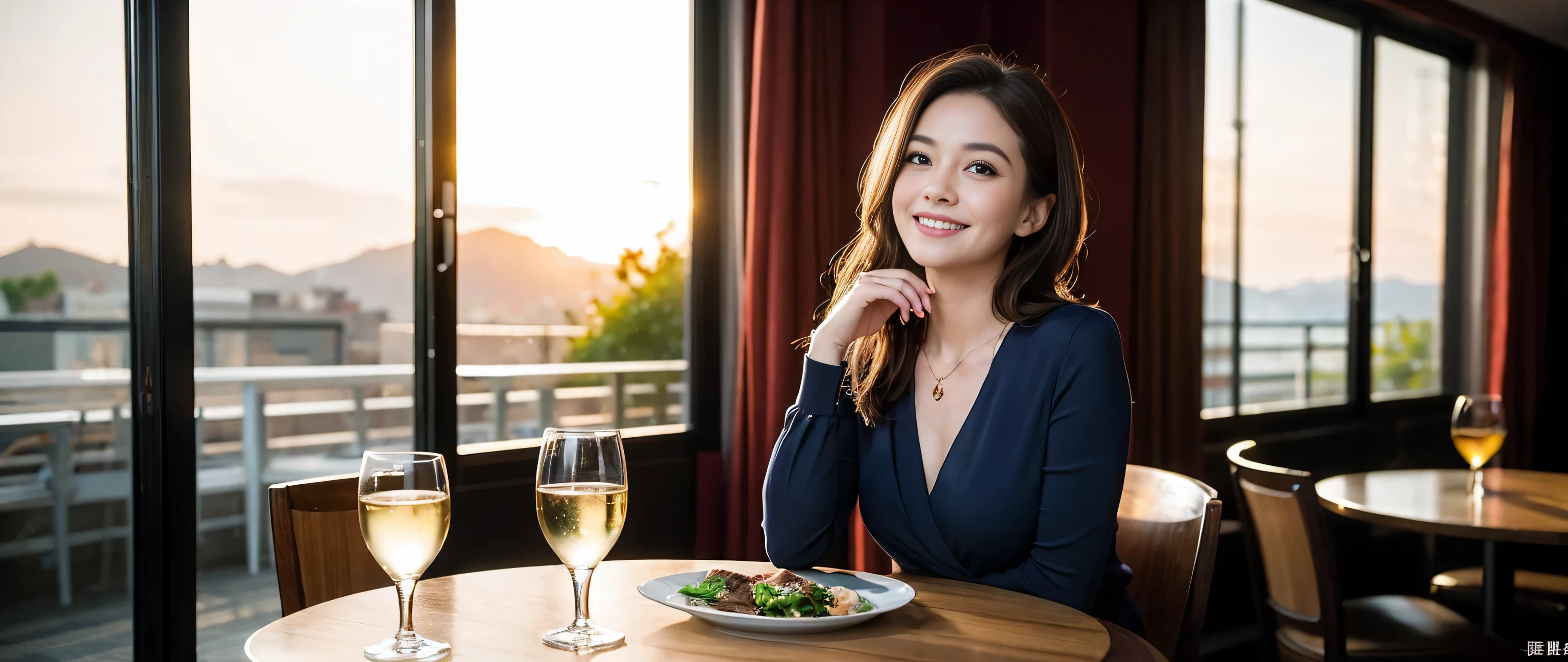 ((highest quality、8k、masterpiece:1.3))、1 male 1 female、Couple、lover、Couple、Slim body、((Bob Hale、Straight hair:1.2)), (Realistic, Intricate details:1.2), Wine glass on the table、Put the light on your face、 Amazing view of the sunset sky and clouds、Amazing mountain views、A bright smile、The wonderfulness of smile、Bright image、The beauty of wine, Beautiful Face, blue eyes, The light shines on your face, Blushing, short hair,Bright Face、 (Age 37), 39 years old, red wine 、Appetizers、Italian food、Wine bottle、Champagne、sparkling wine、Two beauties、Brown Hair、Shortcuts、Long sleeve shirt、dress、Pretty Woman 1, (Slim face), (The body is slim), (Brown Hair), (Shortcuts), cheeks turn a little red,Attractive beauty、restaurant, In a prominent place (From the waist up) Nova Frog Style, actress, model, Upper Body, White wine, slim, wine glass, A wine glass placed in the middle, smile, (smile: 1.15), Beautiful fine grain, Depth f/2,saturation, High Contrast, Strong light and shadow,Moist Body:1.5、3D texture、Delicate eyes、Brown Hair、The hair is very shiny、