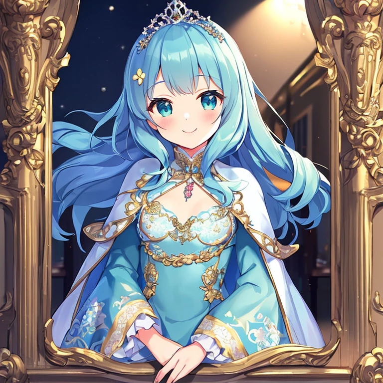 (kawaii),(best quality),(ultra detailed), upper body,(rococo style),(long train mint blue cape:1.05), very long cape,(long train mint blue ball gown with flower decorations:1.05), a girl is wearing a cape over her gown, 1 princess, tiara, smile, small breasts, very long hair