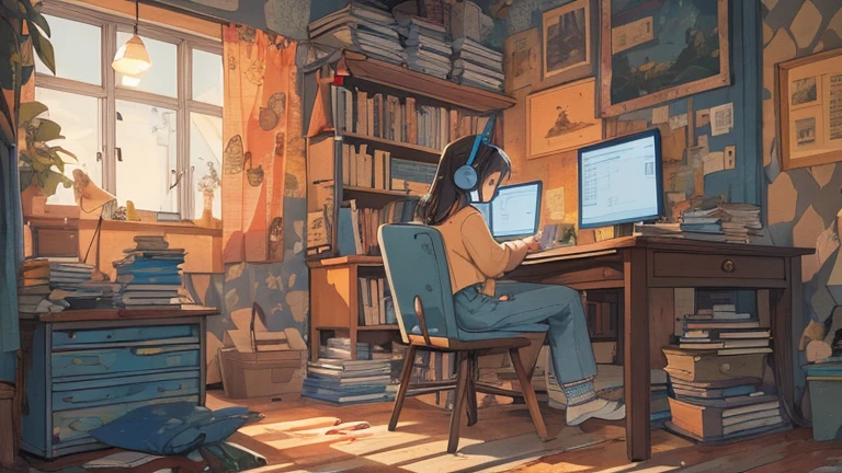(praise), A girl studying at a desk in a room, Reading a book, Wearing Glass, Wearing headphones, 1970 Interior Materials, Night Light, It&#39;s raining outside,Analog Color Theme, Lo-fi Hip Hop , Retro, flat, 2D , Simple picture, Simplify the line drawing, Ink drawing, Big incline, watercolor, Gouache Color, Studio Ghibli style, Great colorful, Out turn, Synthwave, Lofi Art,90s Style,Old Texture, amplitude,90s vibe,