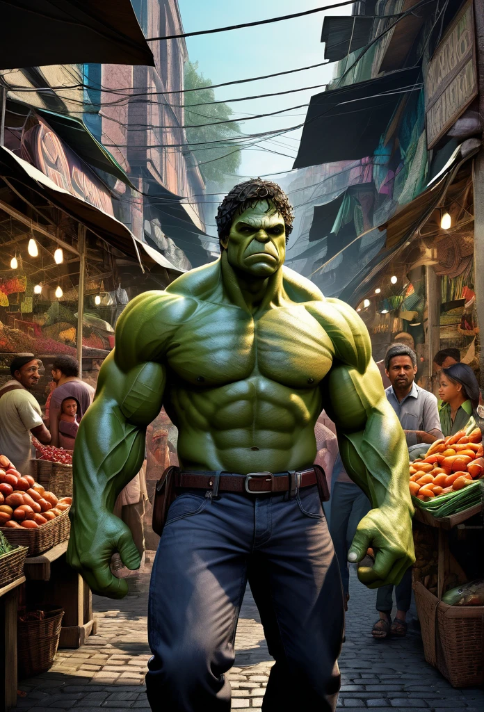 A stunning and intricate color pencil illustration capturing young wandering backpacker photographer Mark Ruffalo as Dr. Hulk in a bustling traditional market in Bandung City, Indonesia. He is skillfully positioning himself to capture the perfect street photograph. In the background, an enigmatic figure resembling John Wick engages in conversation with a group of men. The scene is rendered with exceptional detail and vivid colors, reminiscent of Don Lawrence's artistic style. The Octane render brings the cinematic atmosphere to life, showcasing the vibrancy and energy of the market., cinematic, vibrant, illustration