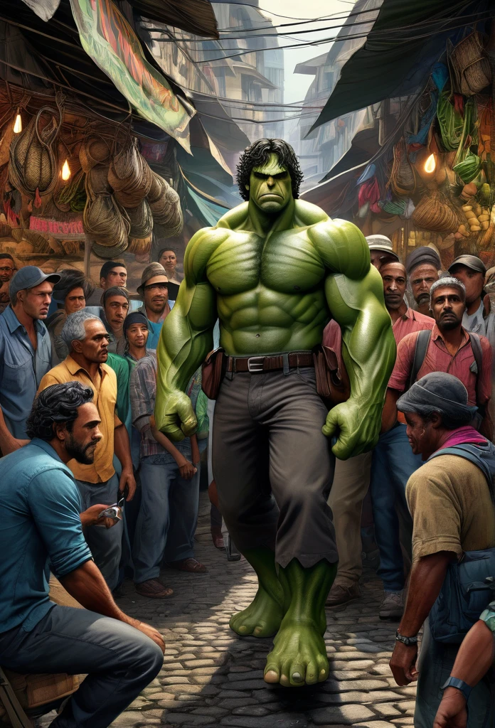 A stunning and intricate color pencil illustration capturing young wandering backpacker photographer Mark Ruffalo as Dr. Hulk in a bustling traditional market in Bandung City, Indonesia. He is skillfully positioning himself to capture the perfect street photograph. In the background, an enigmatic figure resembling John Wick engages in conversation with a group of men. The scene is rendered with exceptional detail and vivid colors, reminiscent of Don Lawrence's artistic style. The Octane render brings the cinematic atmosphere to life, showcasing the vibrancy and energy of the market., cinematic, vibrant, illustration