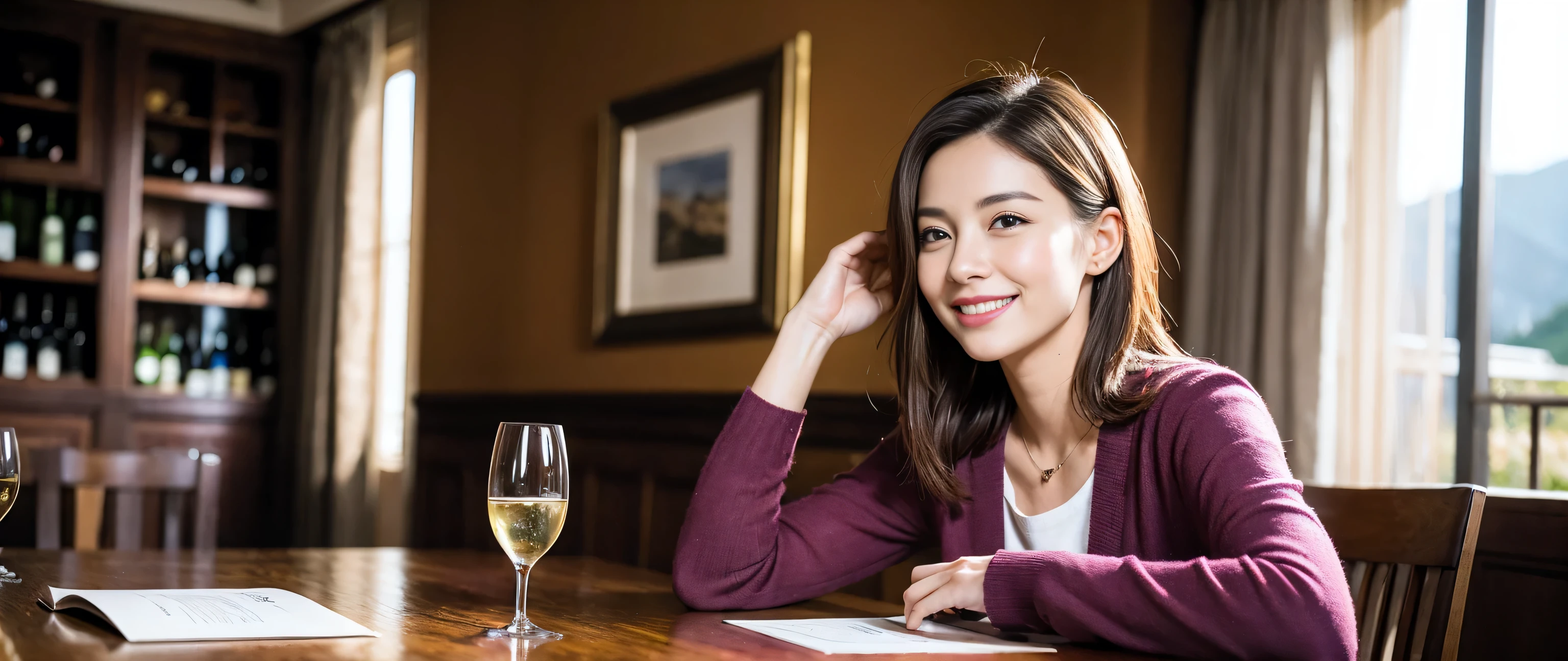 ((highest quality、8k、masterpiece:1.3))、1 male 1 female、Couple、lover、Couple、Slim body、((Bob Hale、Straight hair:1.2)), (Realistic, Intricate details:1.2), Wine glass on the table、Put the light on your face、 Amazing view of the sunset sky and clouds、Amazing mountain views、A bright smile、The wonderfulness of smile、Bright image、The beauty of wine, Beautiful Face, blue eyes, The light shines on your face, Blushing, short hair,Bright Face、 (Age 37), 39 years old, red wine 、Appetizers、Italian food、Wine bottle、Champagne、sparkling wine、Two beauties、Brown Hair、Shortcuts、Long sleeve shirt、dress、Pretty Woman 1, (Slim face), (The body is slim), (Brown Hair), (Shortcuts), cheeks turn a little red,Attractive beauty、restaurant, In a prominent place (From the waist up) Nova Frog Style, actress, model, Upper Body, White wine, slim, wine glass, A wine glass placed in the middle, smile, (smile: 1.15), Beautiful fine grain, Depth f/2,saturation, High Contrast, Strong light and shadow,Moist Body:1.5、3D texture、Delicate eyes、Brown Hair、The hair is very shiny、