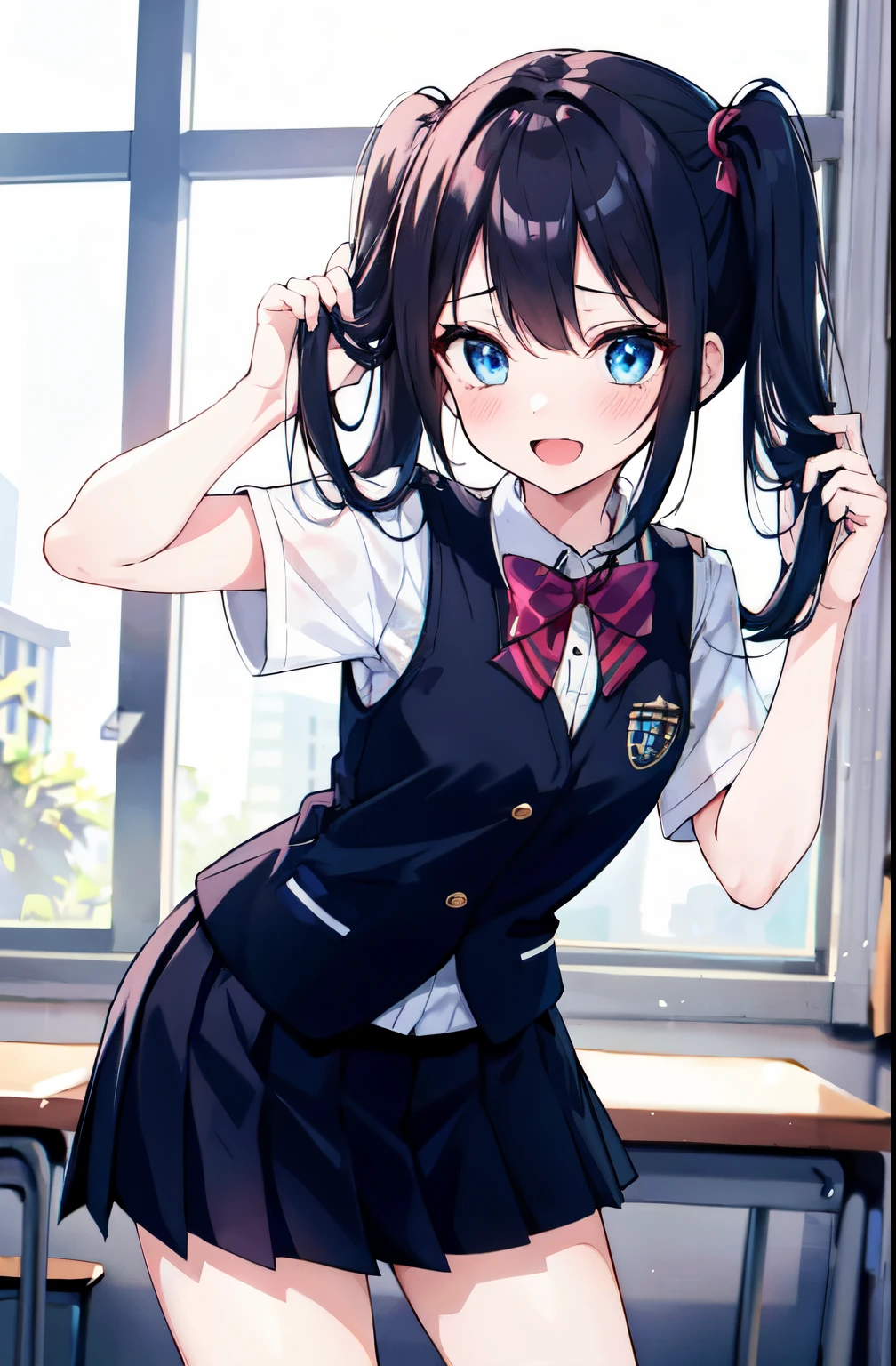 1girl, blue eyes, highlight in eyes ,colorful, (absurdres),
dynamic pose, black hair, long hair, (twintails), smile, :D, (shy), (blush:1.2), white , uniform vest, black pleated skirt,  classroom, window, god light, holding twintails, holding hair, lean forward, cowboy shot,