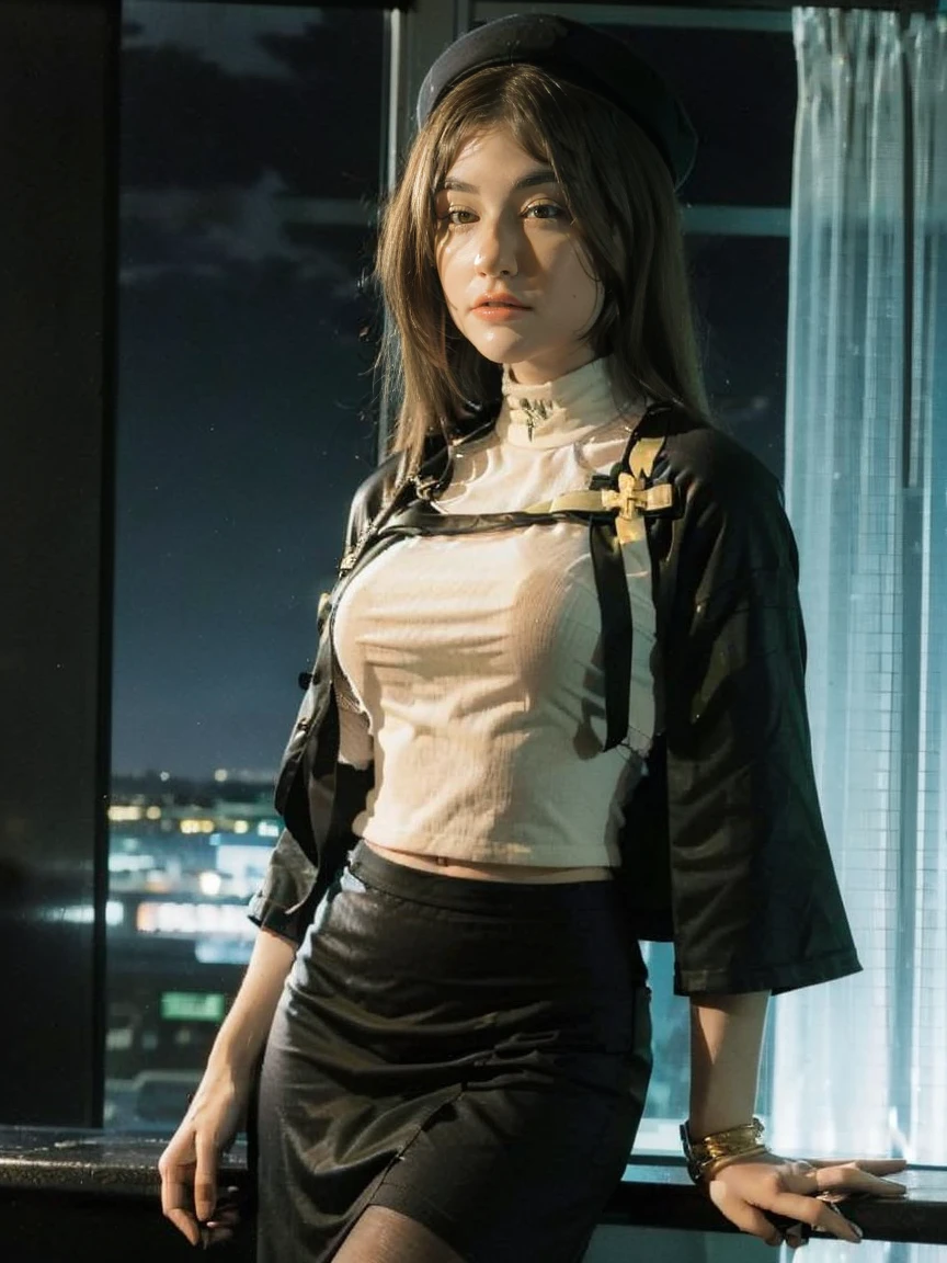 (1 lady), (Best quality at best:1.4), (ultra - detailed), (extremely detailed CG unified 16k), A Beautiful Woman with Perfect Figure: 1.4, Sharp Focus: 1.2, very detailed, High-definition RAW color photo, professional photoshooting, amazing face and eyes, cosmetics, (amazingly beautiful girl), ((Miyo)), ((ascot, uniform, black skirt, cross, ribbon, emerald, beret, cape, pantyhose)), standing, sexyposture,(Dark and stylish huge gothic cathedral from outside, city lights at night, city lights:1.3), realistic cinematic face, head to feet long wide zoomed out view, full body long view, photorealistic, ((realistic natural gold blonde hair style, yellow honey eyes, long hair)), gorgeous, extremely beautiful face, perfect model beauty, pout mouth, Highly Detailed Face and Skin Texture, Detailed Eyes, Double Eyelids, Big Breasts looking natural, Smile, cleavages, western, (masterpiece), best quality, high resolution, extremely detailed, blurred background, depth of field, cinematic lighting, amazing legs, high heels, clear and well-cared skin,