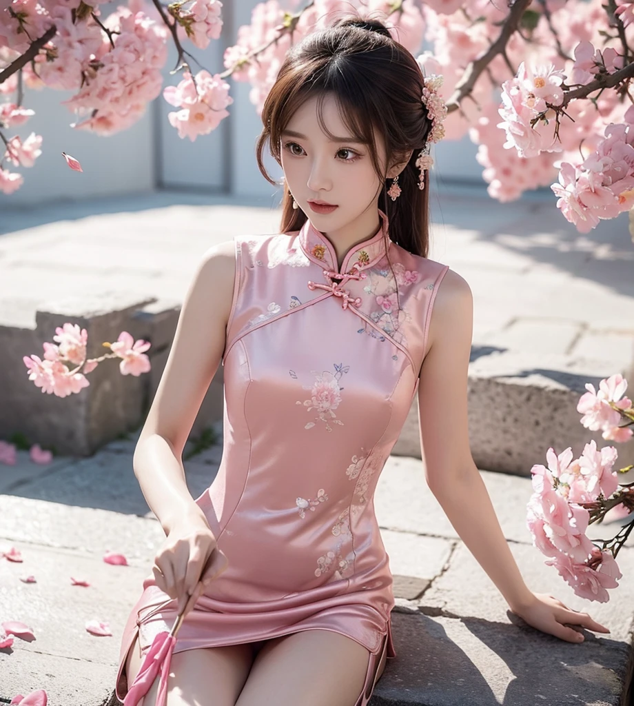 (masterpiece), best quality, high resolution, Extremely detailed, A beautiful pink cheongsam in Chinese style, , Chinese sexy dress, Fine details, Cheongsam is beautiful and sexy, Colorful, Clothes floating, Many details, Pink petals, Sunlight on the skin, brilliant, Hairpin.