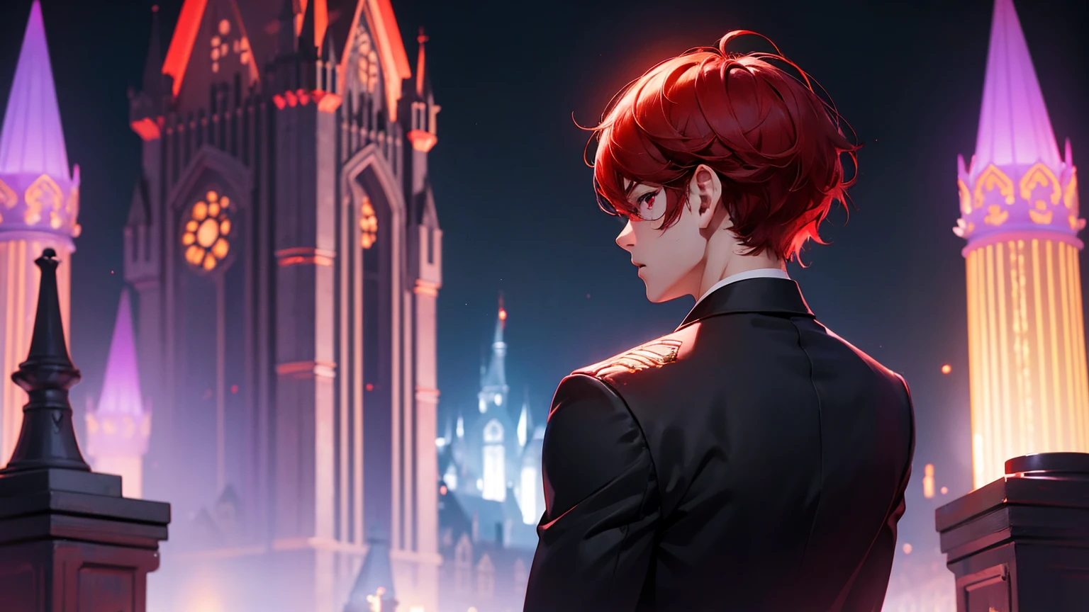 1boy , short red hair, red eyes, wearing black suit, castle, purple lights, high res, ultrasharp, 8K, masterpiece, looking at viewer from behind