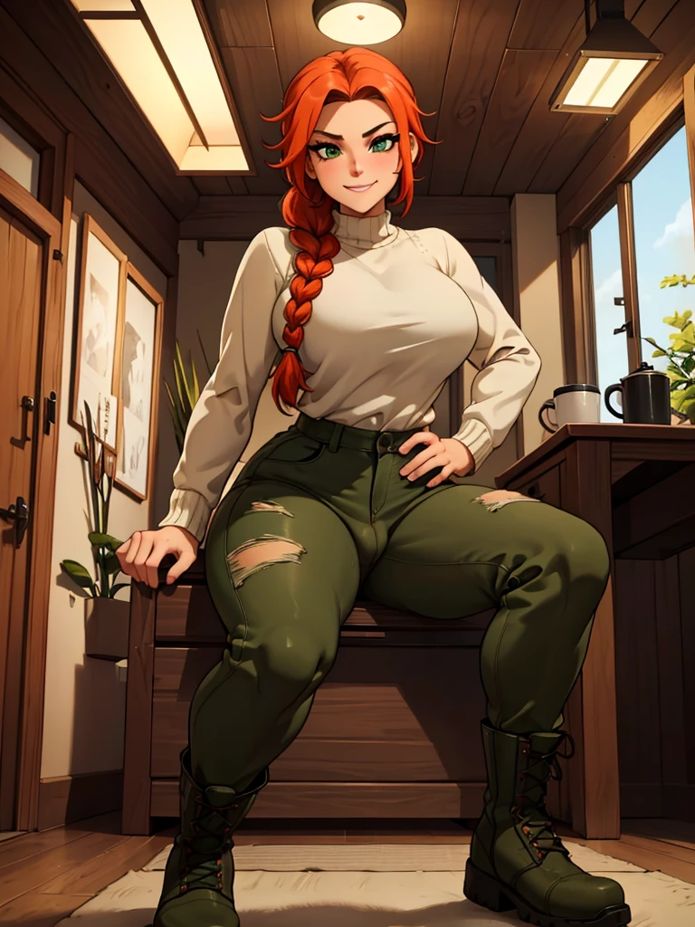 (best quality,4k,8k,highres,masterpiece:1.2),ultra-detailed,realistic:1.37,portrait, anthro very sexy bandicoot girl lesbian redhead, braided hair, beautiful green eyes, seductive, warm sweater, camouflage pants, army boots, smirking, cozy lighting, vibrant colors. Futanari, lewd, night, crotesc , penis,