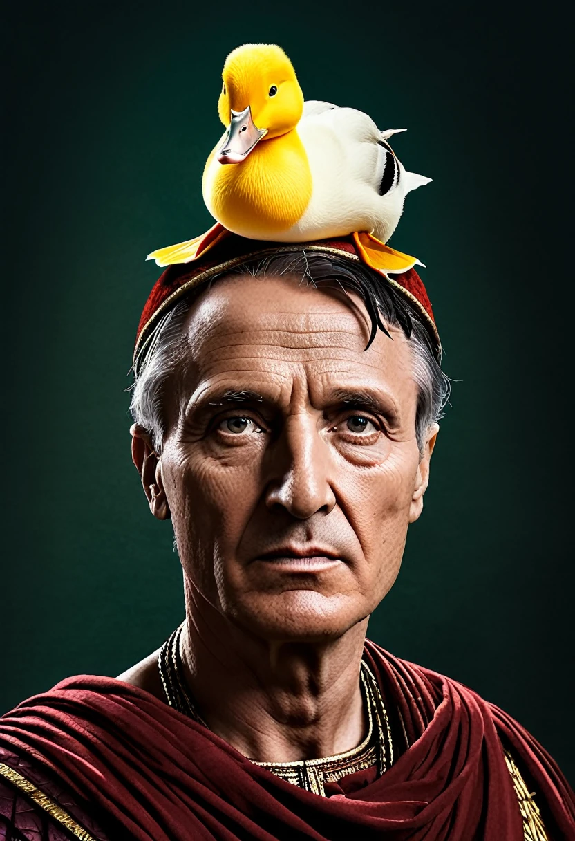 Realistic image of Julius Caesar with a duck on his head
