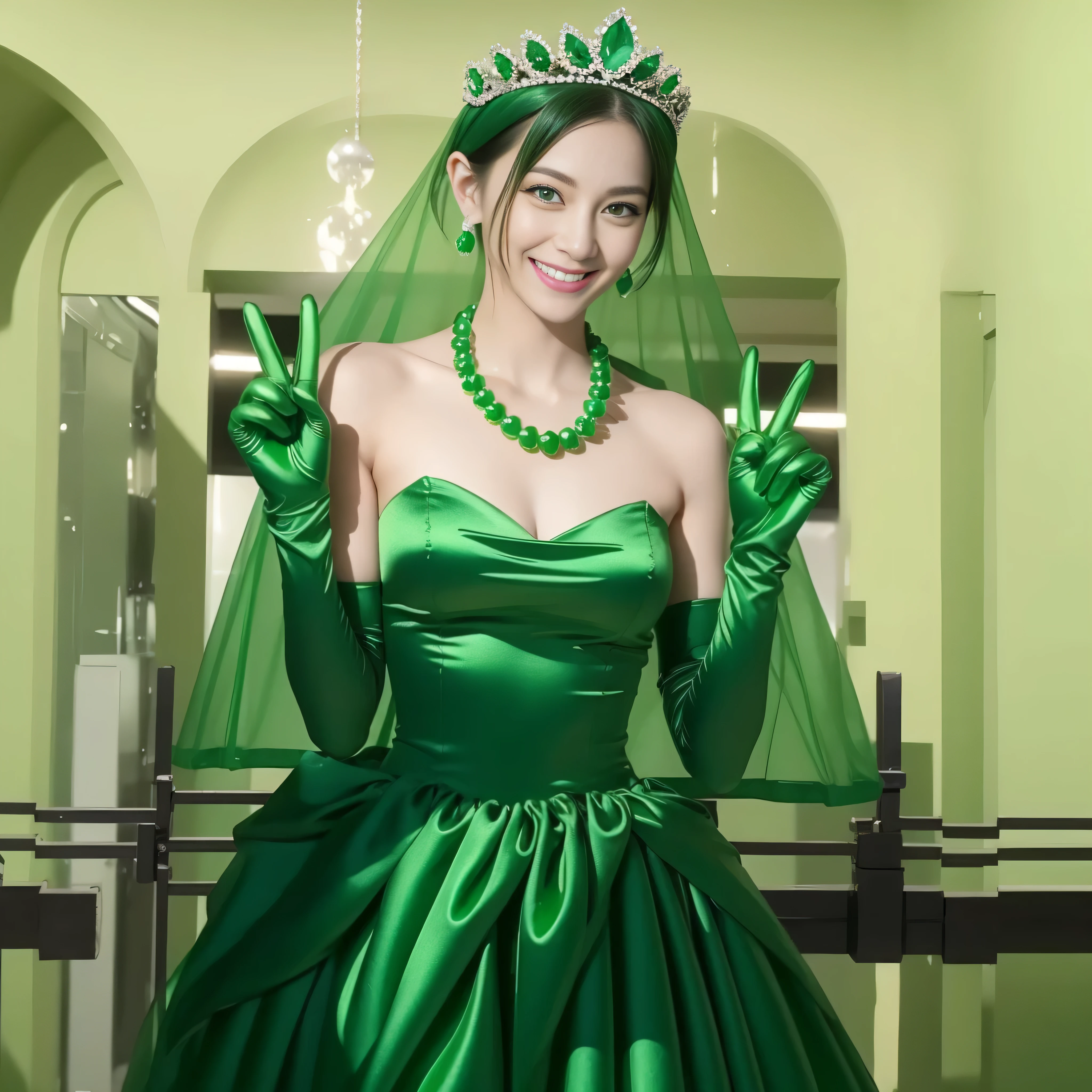 Emerald tiara, Green Pearl Necklace, Boyish very short green hair, lipstick, Smiling Japanese woman, Very short hair, Big tits beautiful, Green Eyes, Long green satin gloves, Green Eyes, V sign, Emerald Earrings, Green Veil