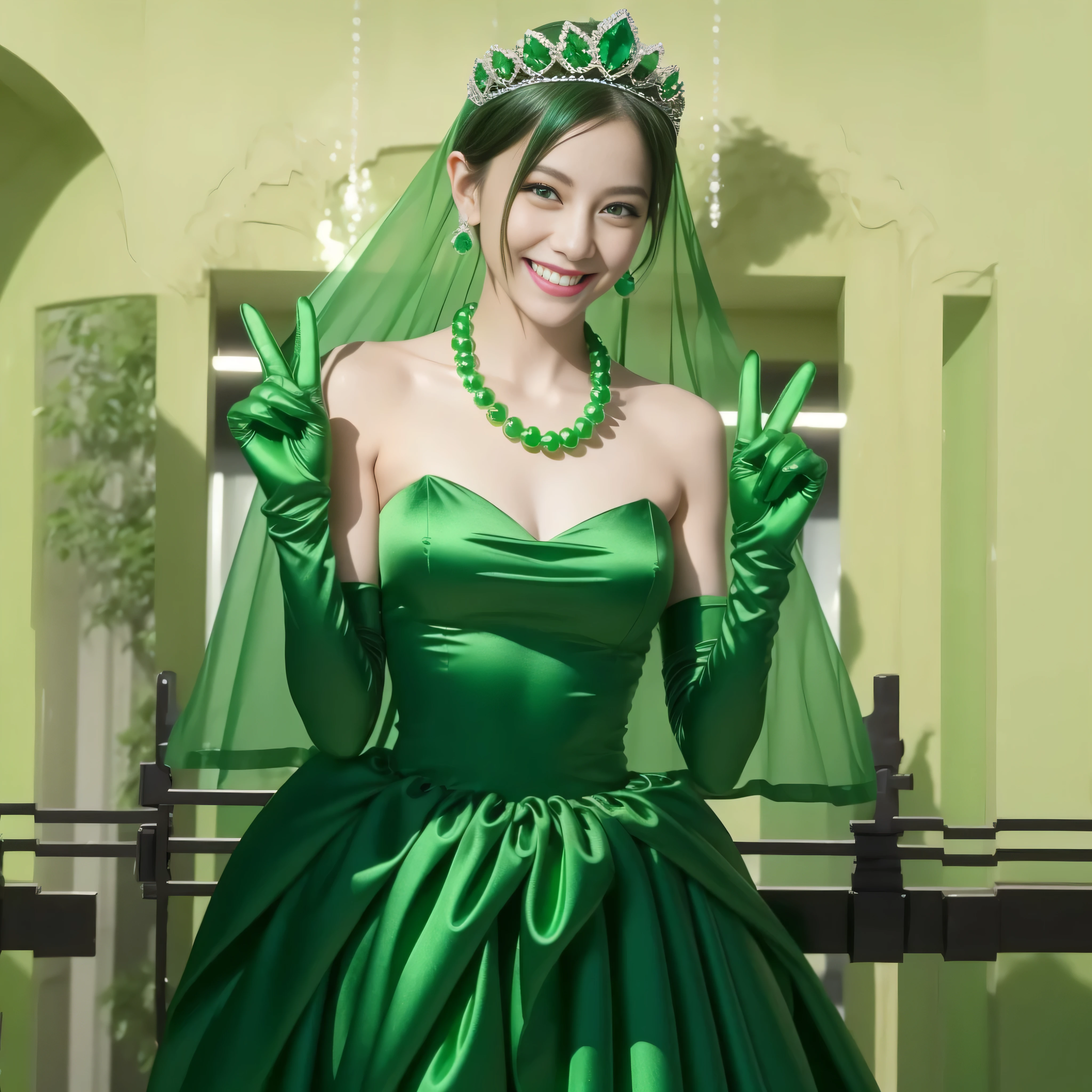 Emerald tiara, Green Pearl Necklace, Boyish very short green hair, lipstick, Smiling Japanese woman, Very short hair, Big tits beautiful, Green Eyes, Long green satin gloves, Green Eyes, V sign, Emerald Earrings, Green Veil