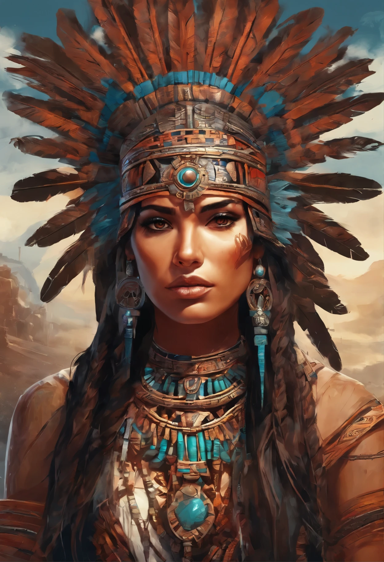 (a beautiful Aztec woman, vibrant colors, traditional attire, detailed facial features, striking headdress, intricate jewelry, glowing skin, mystical background, ancient civilization, powerful and confident expression, oil painting, high resolution)