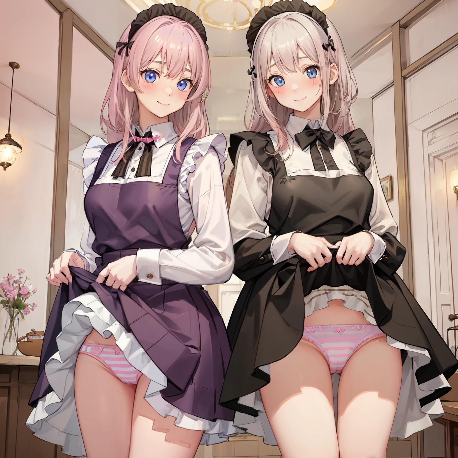 highest quality、masterpiece、((2 girls:1.5))、((smile:1.3))、(blush:1.3)、Black Shirt、blouse、((fun!!))、(Small breasts)、()、Blonde、(Long sleeve)、((White apron:1.5))、((Maid))、((hair ornaments)),、Kamimei、look at me、 ((in house:1.5))、 Taking a break from watching the audience、Cowboy Shot、(Skirt lift:1.3),(Highly detailed pink striped panties:1.3)、(Highly detailed panties:1.3)、、(スカート that rolls up:1.3)、(Panties fully exposed:1.5)、Light blue eyes、long hair、Glowing Eyes