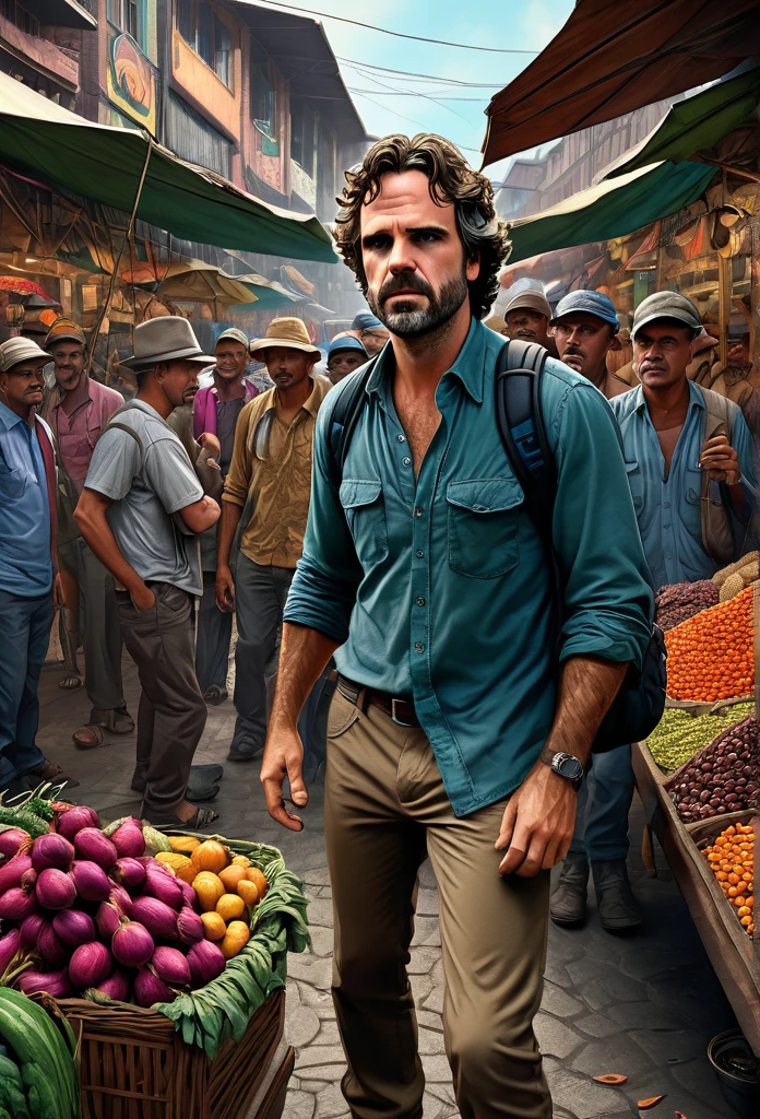 A stunning and intricate color pencil illustration capturing young wandering backpacker photographer Mark Ruffalo as Dr. Banner in a bustling traditional market in Bandung City, Indonesia. He is skillfully positioning himself to capture the perfect street photograph. In the background, an enigmatic figure resembling John Wick engages in conversation with a group of men. The scene is rendered with exceptional detail and vivid colors, reminiscent of Don Lawrence's artistic style. The Octane render brings the cinematic atmosphere to life, showcasing the vibrancy and energy of the market., cinematic, vibrant, illustration
