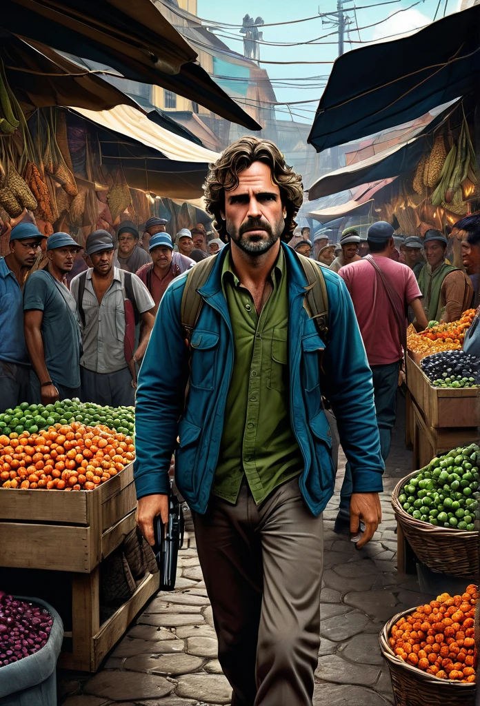 A stunning and intricate color pencil illustration capturing young wandering backpacker photographer Mark Ruffalo as Dr. Banner in a bustling traditional market in Bandung City, Indonesia. He is skillfully positioning himself to capture the perfect street photograph. In the background, an enigmatic figure resembling John Wick engages in conversation with a group of men. The scene is rendered with exceptional detail and vivid colors, reminiscent of Don Lawrence's artistic style. The Octane render brings the cinematic atmosphere to life, showcasing the vibrancy and energy of the market., cinematic, vibrant, illustration