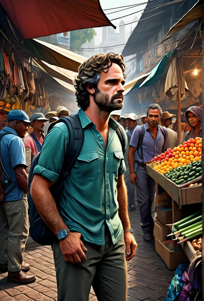 A stunning and intricate color pencil illustration capturing young wandering backpacker photographer Mark Ruffalo as Dr. Banner in a bustling traditional market in Bandung City, Indonesia. He is skillfully positioning himself to capture the perfect street photograph. In the background, an enigmatic figure resembling John Wick engages in conversation with a group of men. The scene is rendered with exceptional detail and vivid colors, reminiscent of Don Lawrence's artistic style. The Octane render brings the cinematic atmosphere to life, showcasing the vibrancy and energy of the market., cinematic, vibrant, illustration
