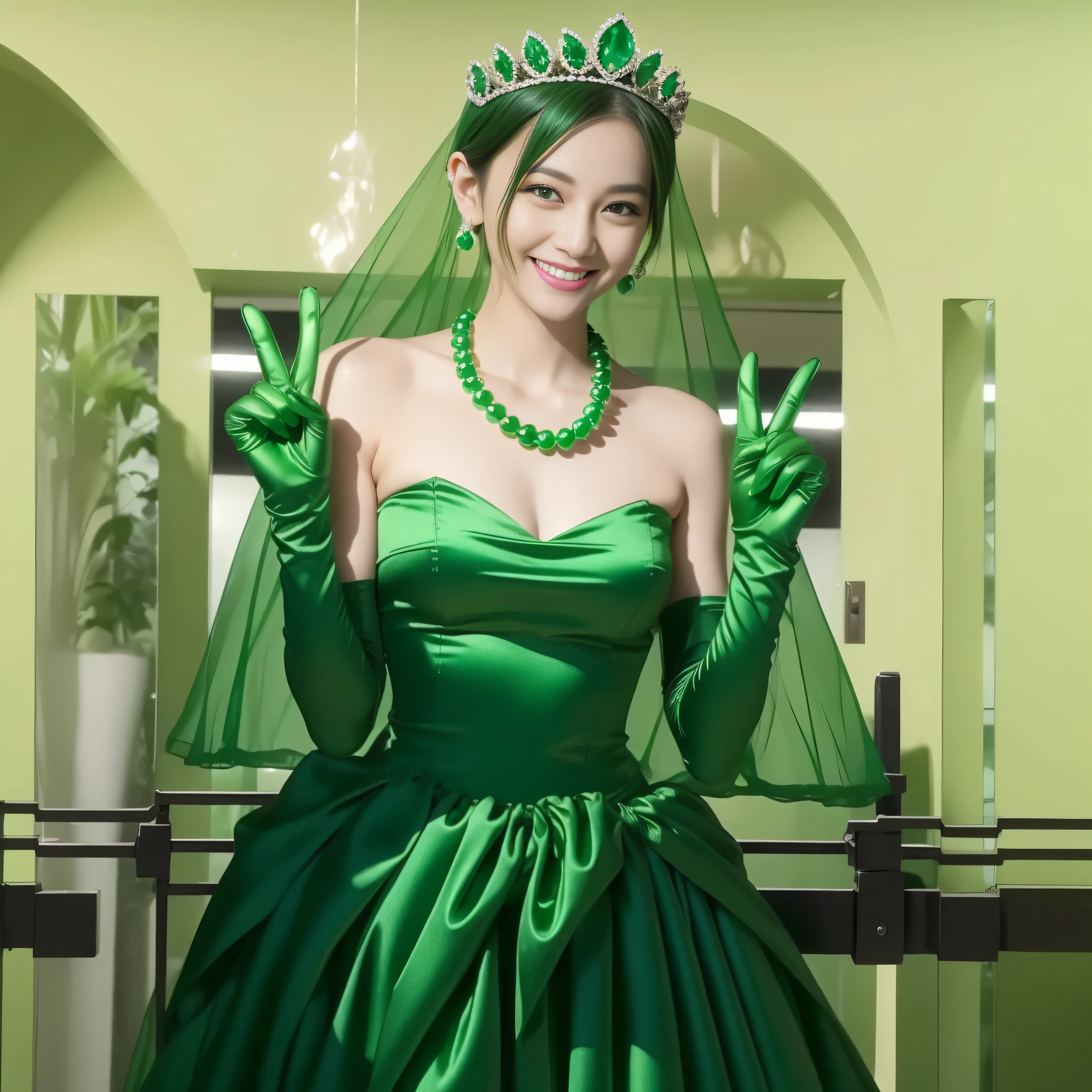 Emerald tiara, Green Pearl Necklace, Boyish very short green hair, lipstick, Smiling Japanese woman, Very short hair, Big tits beautiful, Green Eyes, Long green satin gloves, Green Eyes, V sign, Emerald Earrings, Green Veil