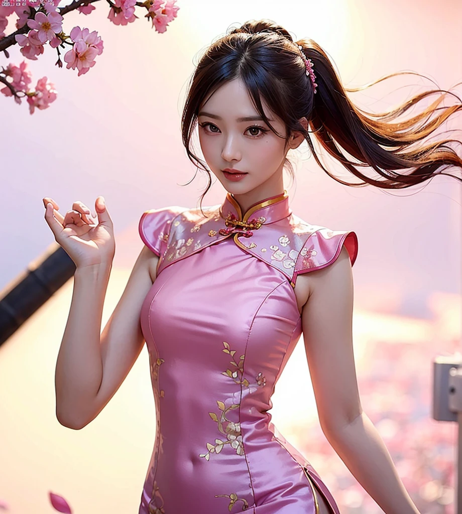 (masterpiece), best quality, high resolution, Extremely detailed, A beautiful pink cheongsam in Chinese style, , Chinese sexy dress, Fine details, Cheongsam is beautiful and sexy, Colorful, Clothes floating, Many details, Pink petals, Sunlight on the skin, brilliant, Hairpin.