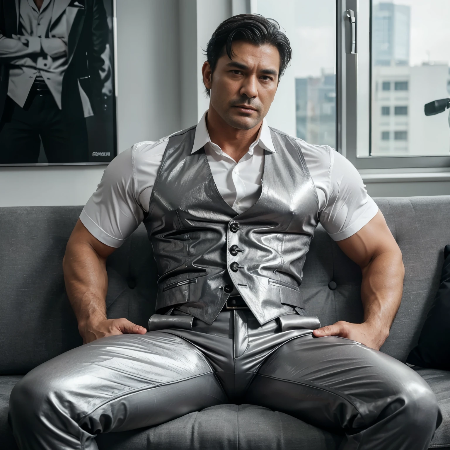 30 years old,daddy,"shiny grey suit ", wear white shirt,  very shiny grey pants, very shiny grey waistcoat, Dad sit down on sofa,k hd,in the office,"big muscle", gay ,black hair,asia face,masculine,strong man,the boss is,handsome,,leather gloves,lecherous dad,look straight ahead,dad is handsome,dad is handsome ,dad is "horny dad"