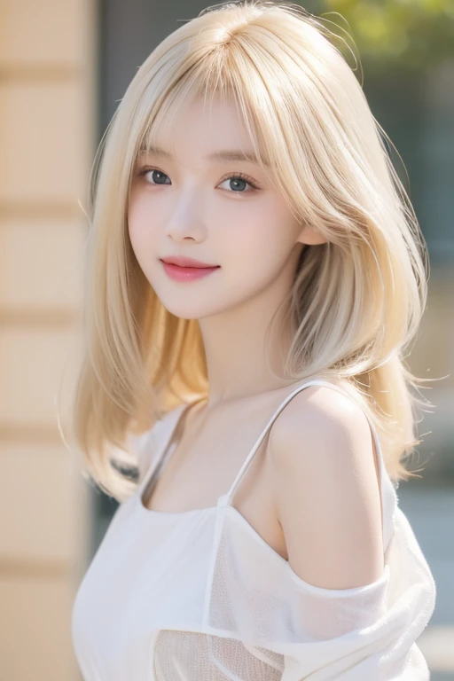 Superb Quality, Masterpiece, High Resolution, 1Girl, Blush, (Seductive Smile: 0.8), , (High Detail Skin: 1.2), 8K UHD, SLR, Soft Light, High Quality, Volume Lighting, C High Resolution, 4K, 8K, Real Person, cute, beautiful pale yellow  hair, upper body, full bangs, hairnet, black casual clothes 