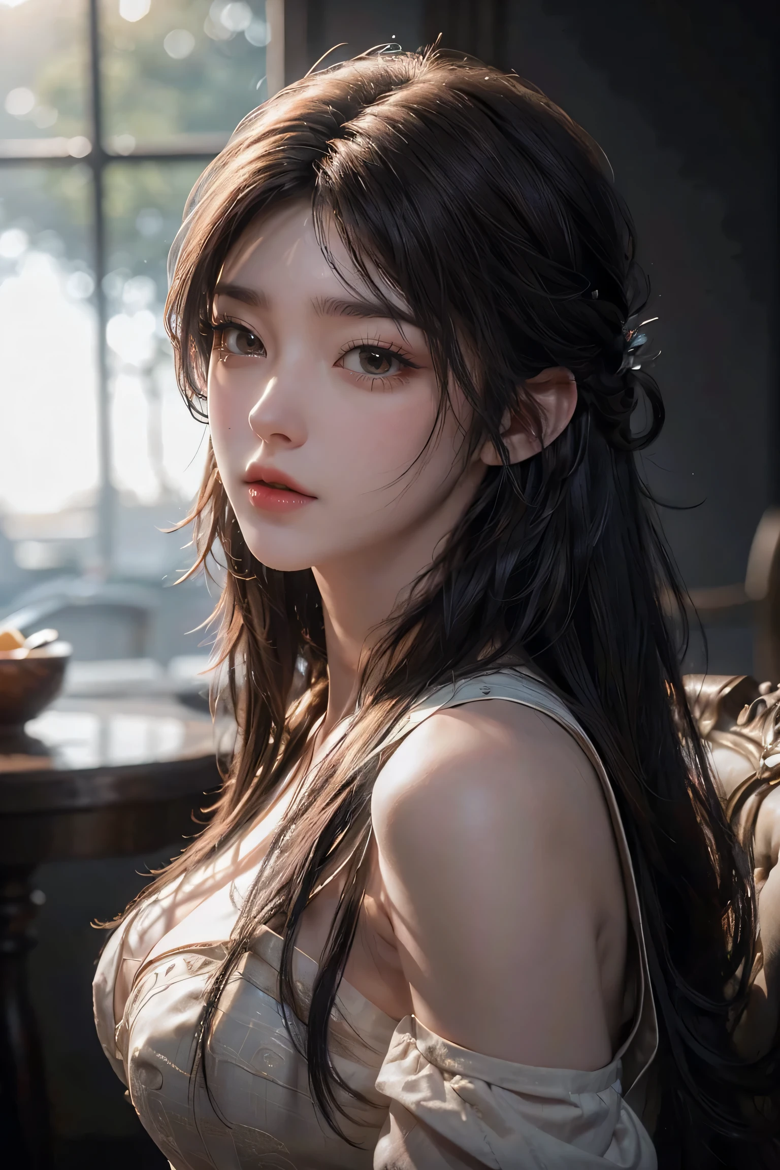 8k, masterpiece, RAW photo, best quality, photorealistic, extremely detailed CG unity 8k wallpaper, Depth of field, Cinematic Light, Lens Flare, Ray tracing, (extremely beautiful face, beautiful lips, beautiful eyes), intricate detail face, ((ultra detailed skin)), best quality, Masterpieces, Super high resolution, (photograph realistic:1.5), Original image, luxury long dress, 1girl, offshoulder, In the dark, deepshadow, low tune, Cold light, Sexy look, long whitr hair,Cafe,pretty,lim light,swirling hair, medium shot, big breast.